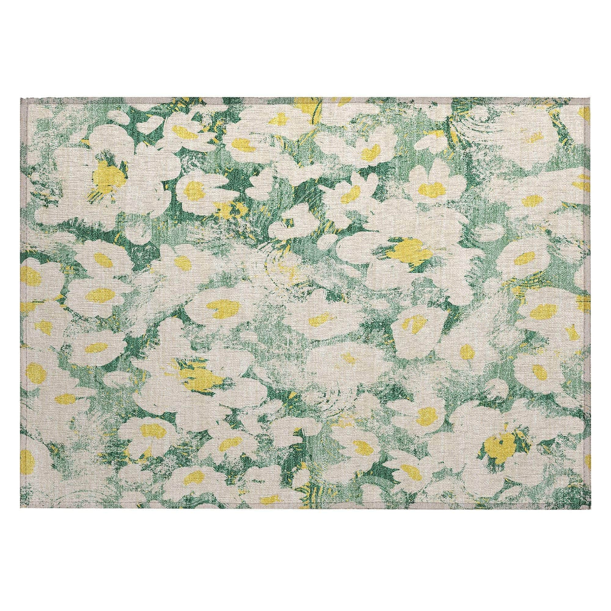 Machine Washable Green Rug - Indoor / Outdoor - Kids / Pet Friendly Floral Print Rug