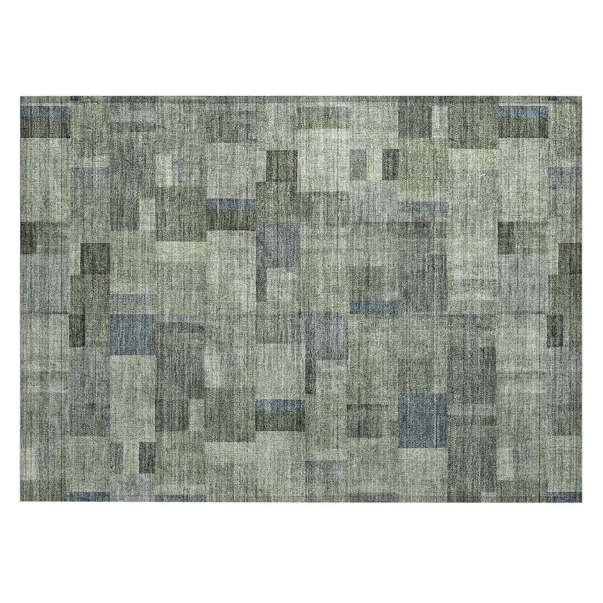 Machine Washable Green Rug - Indoor / Outdoor - Kids / Pet Friendly Squares Print Rug