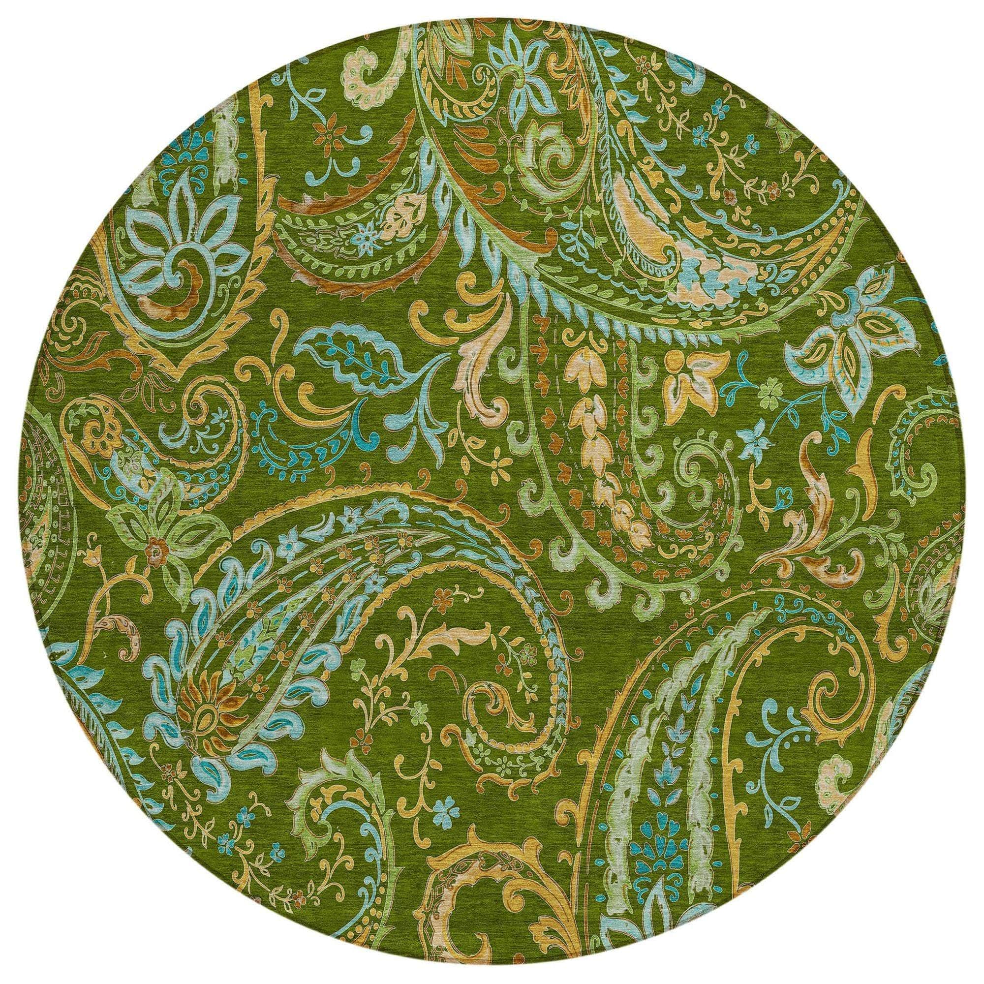Machine Washable Green Rug - Indoor / Outdoor - Kids / Pet Friendly Paisley Print Rug