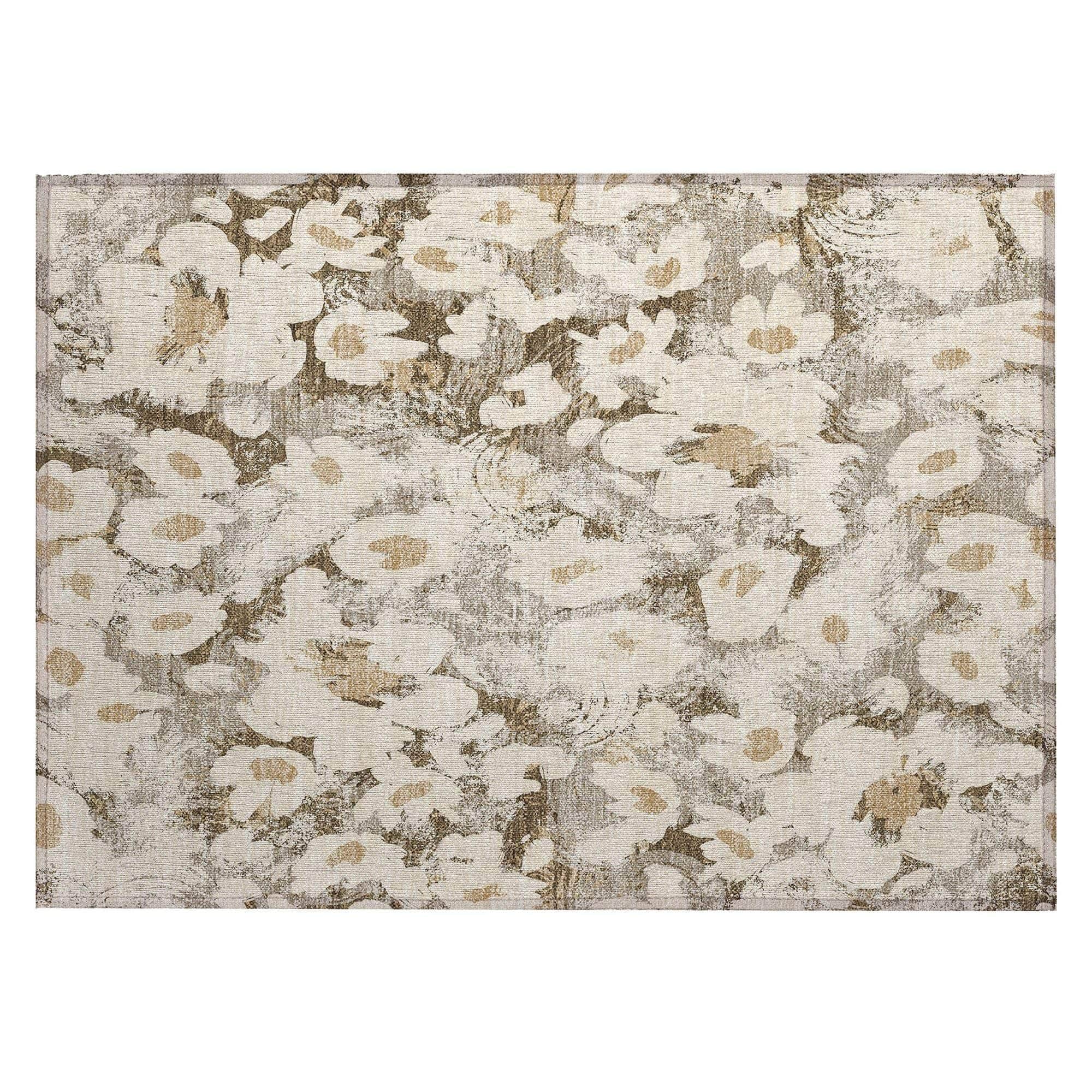 Machine Washable Khaki Brown Rug - Indoor / Outdoor - Kids / Pet Friendly Floral Print Rug