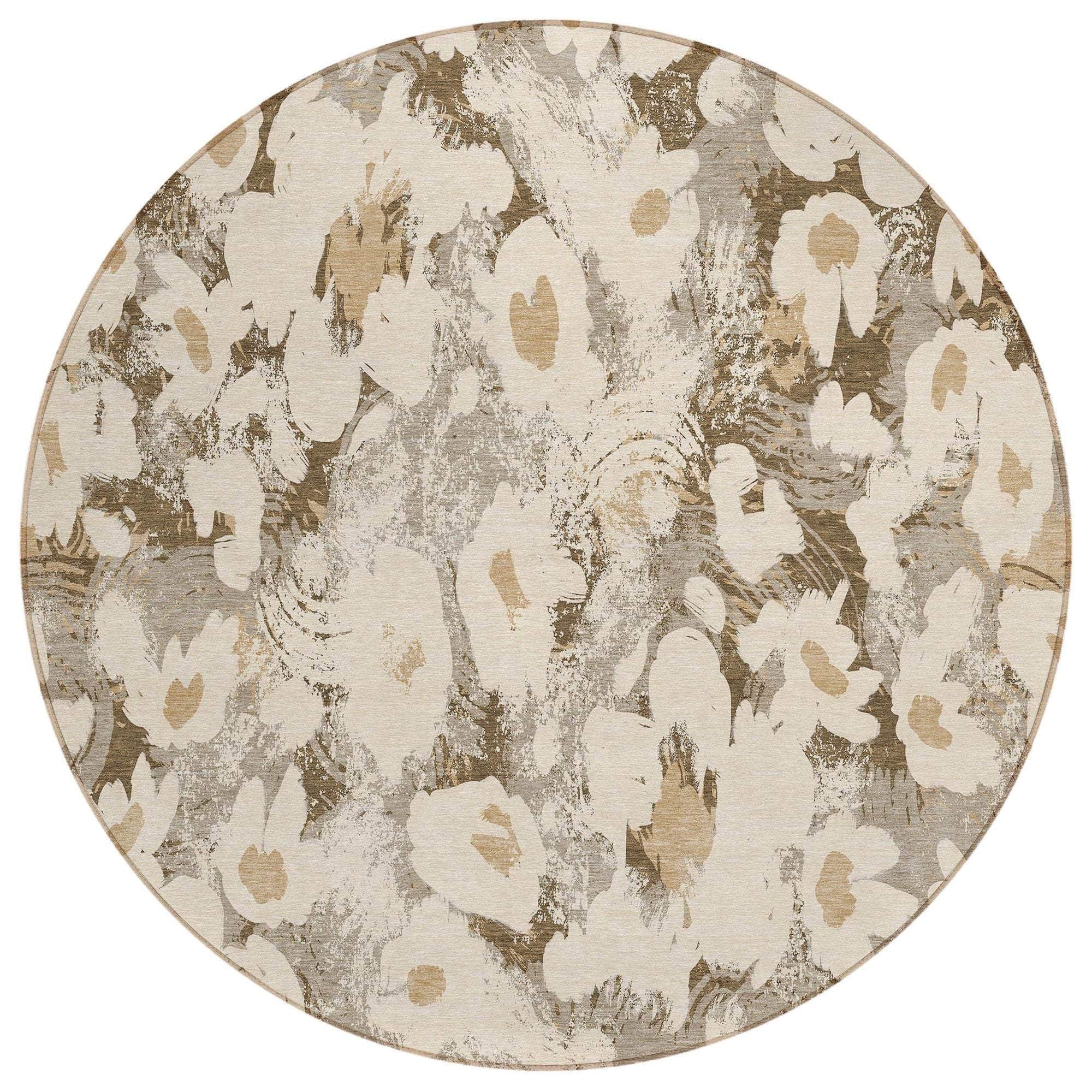 Machine Washable Khaki Brown Rug - Indoor / Outdoor - Kids / Pet Friendly Floral Print Rug