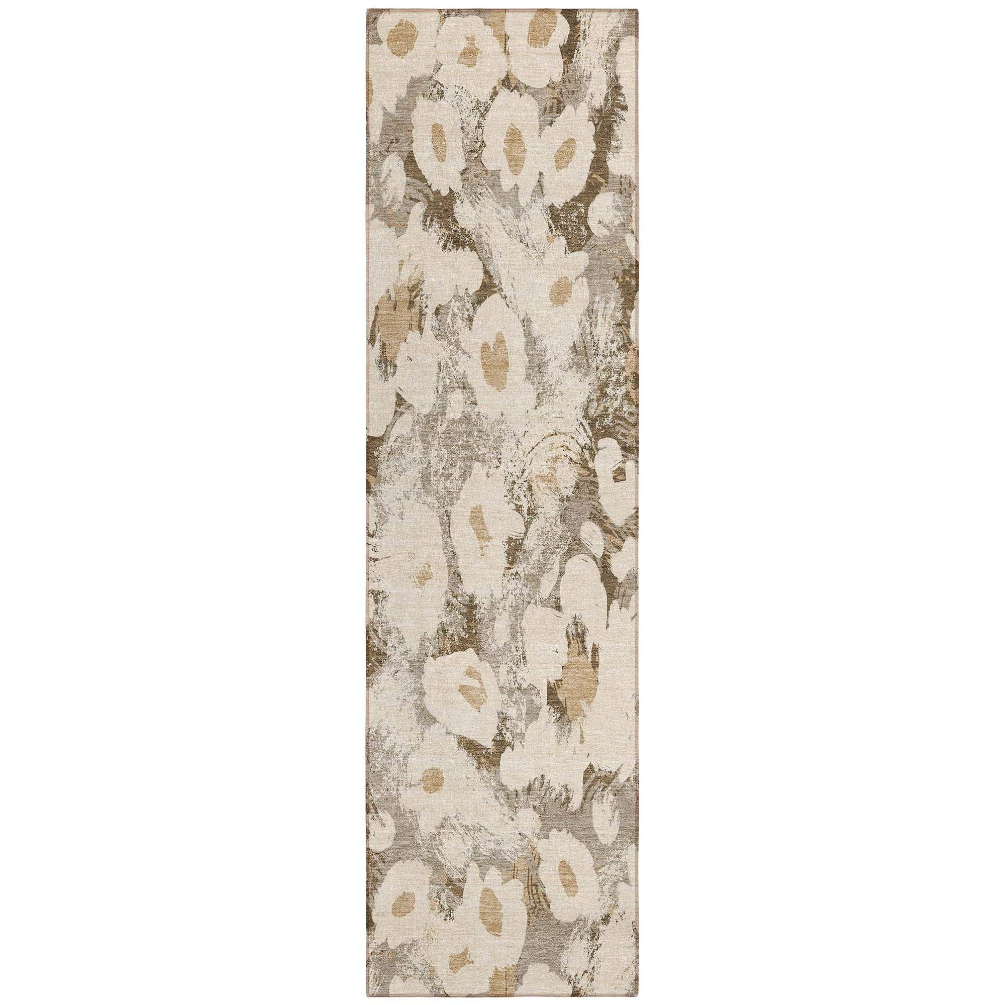 Machine Washable Khaki Brown Rug - Indoor / Outdoor - Kids / Pet Friendly Floral Print Rug