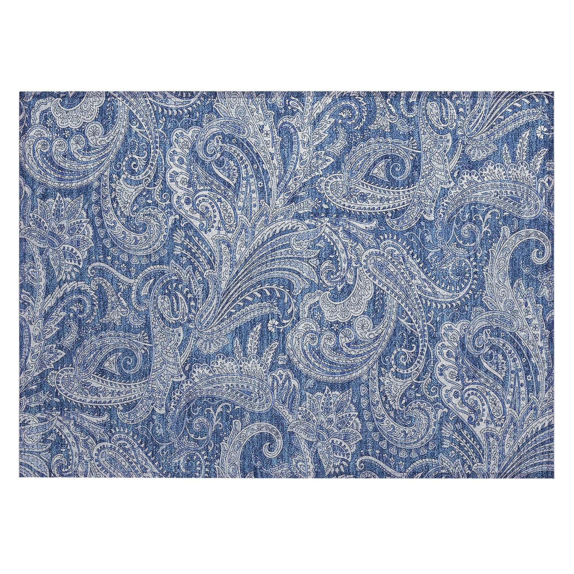 Machine Washable Navy Blue Rug - Indoor / Outdoor - Kids / Pet Friendly Paisley Print Rug