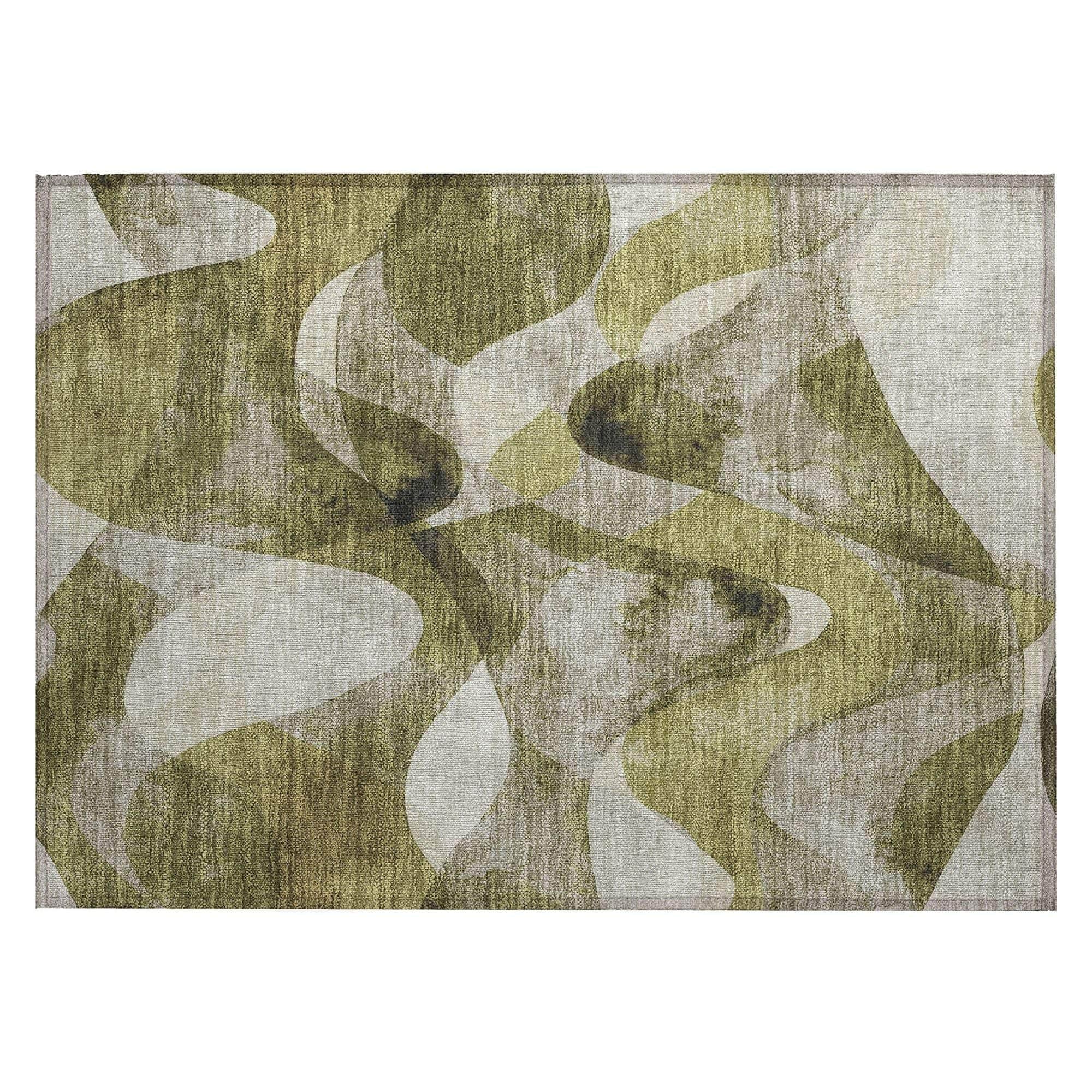 Machine Washable Olive Green Rug - Indoor / Outdoor - Kids / Pet Friendly Abstract Print Rug
