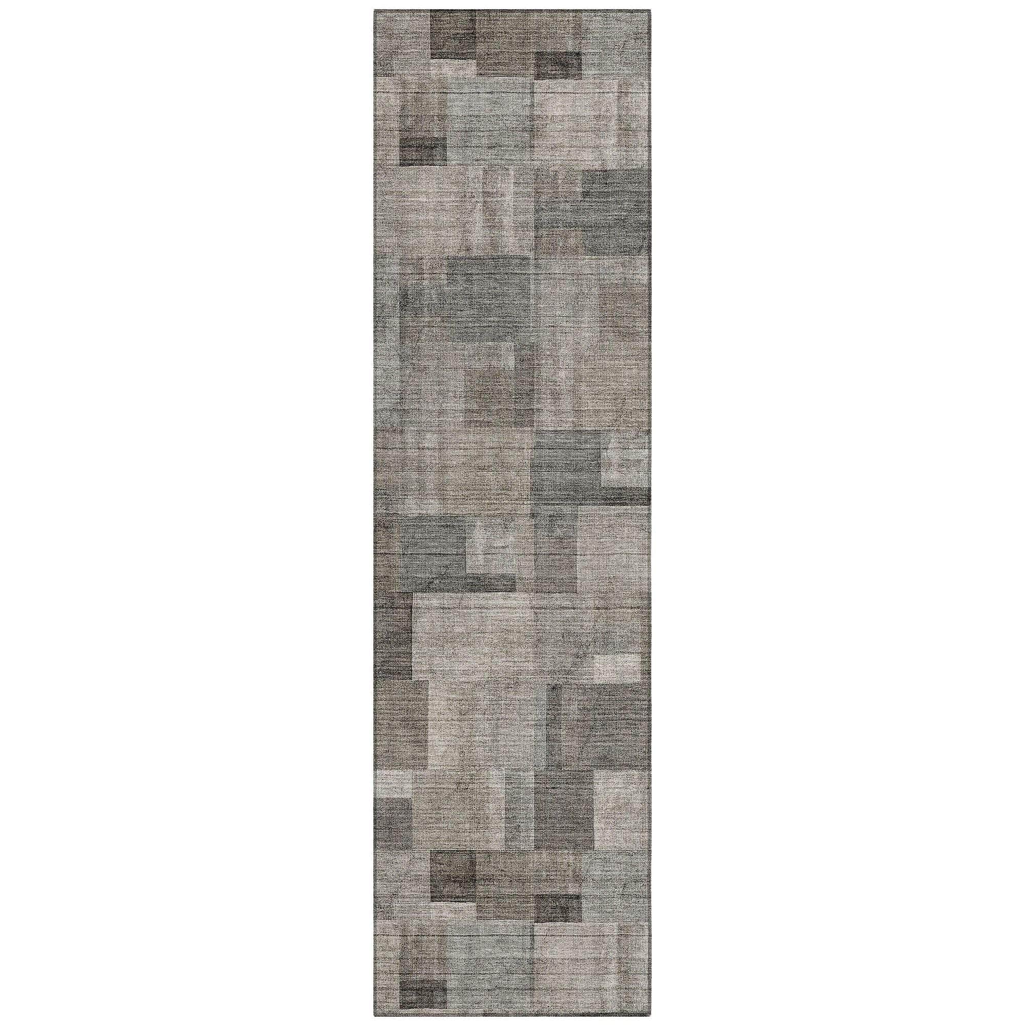 Machine Washable Taupe Brown Rug - Indoor / Outdoor - Kids / Pet Friendly Squares Print Rug