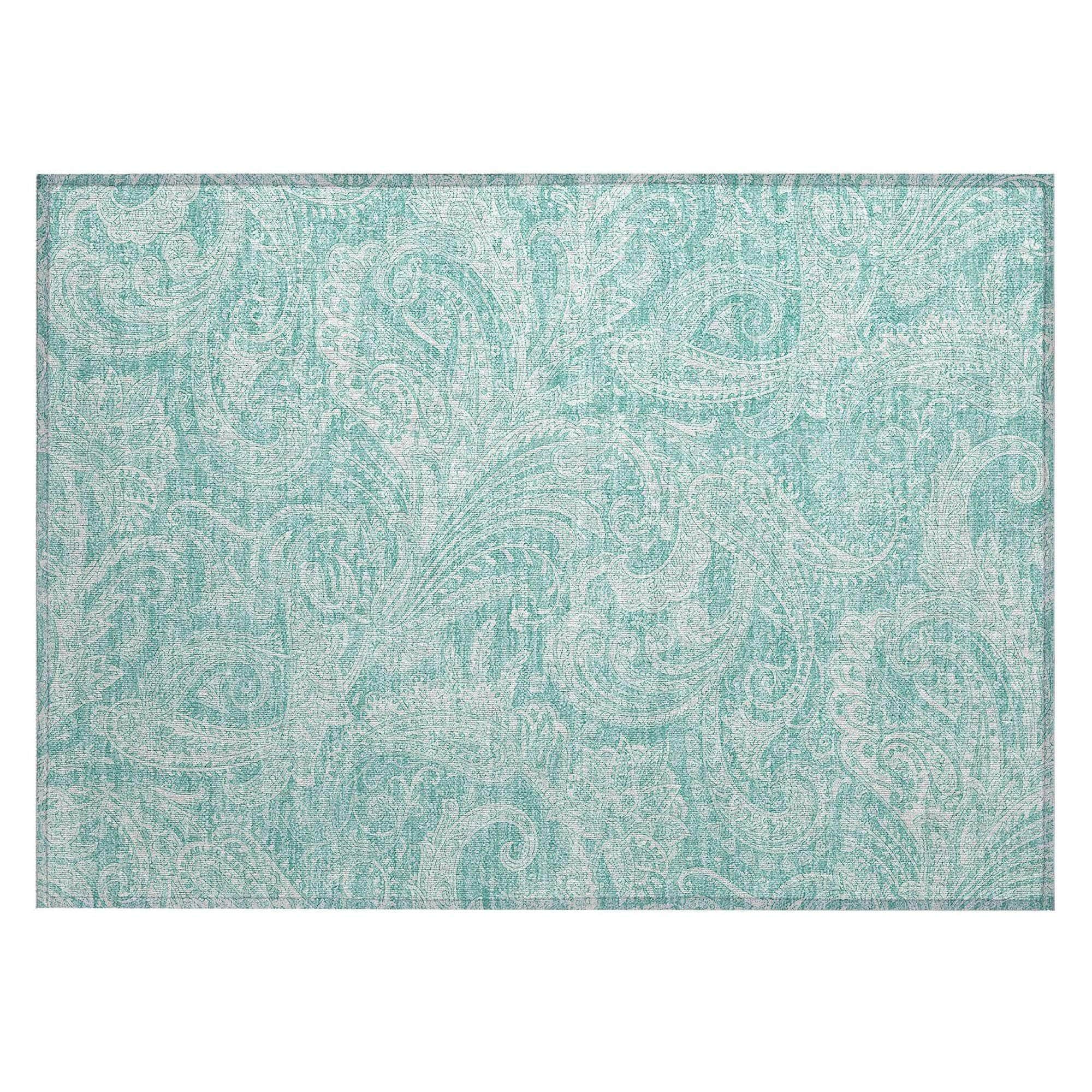 Machine Washable Teal Rug - Indoor / Outdoor - Kids / Pet Friendly Paisley Print Rug