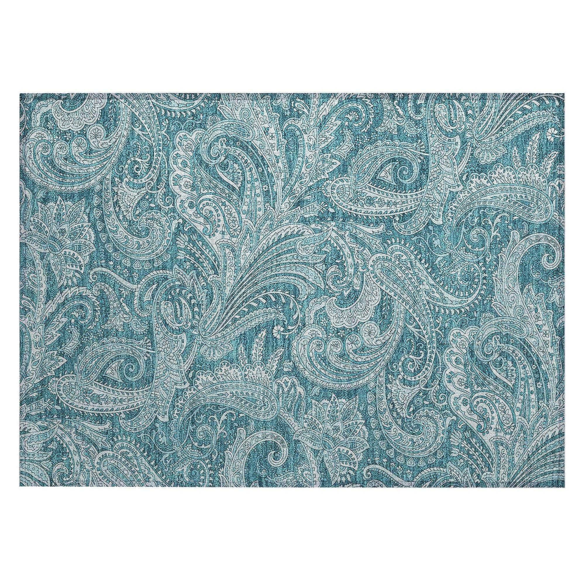 Machine Washable Turquoise Teal Rug - Indoor / Outdoor - Kids / Pet Friendly Paisley Print Rug