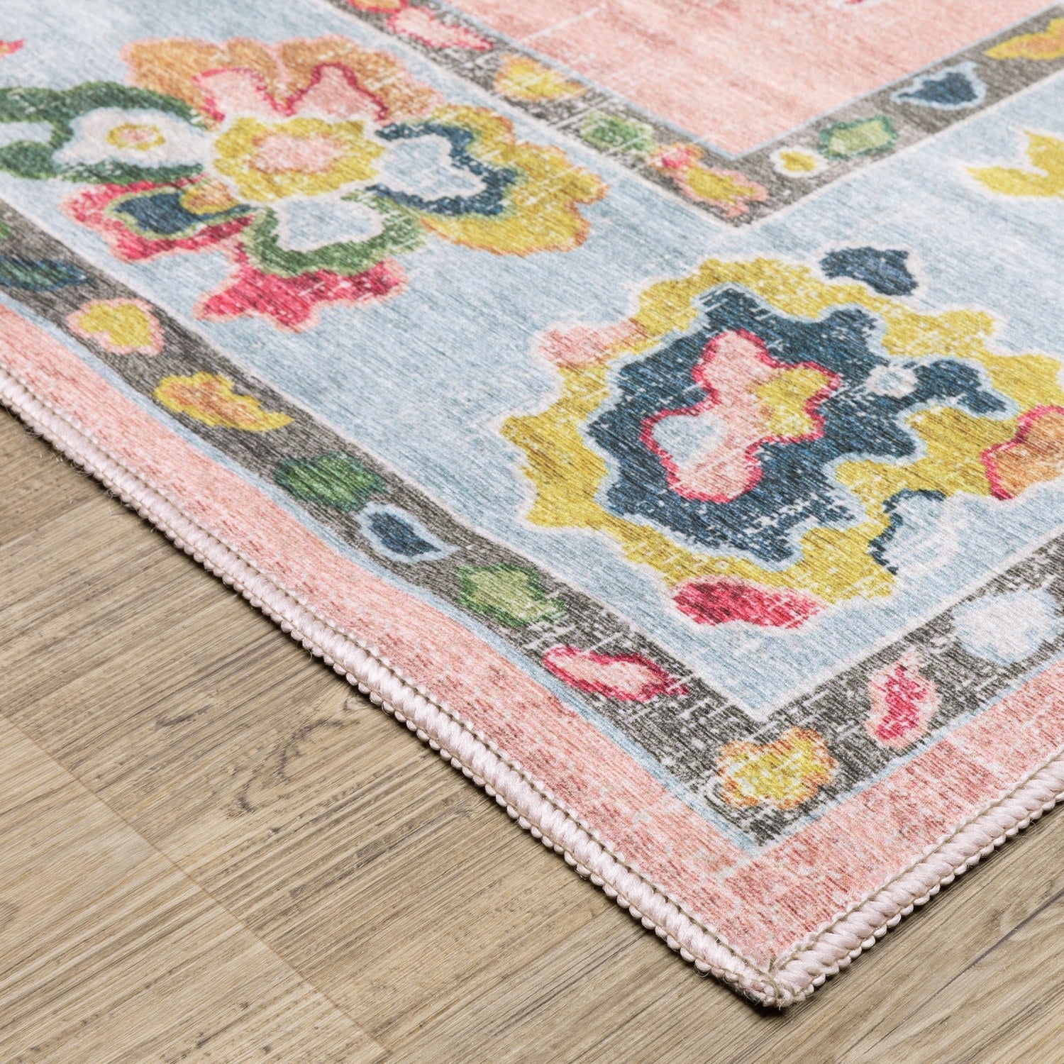 Addison Oushak Floral Pink Blue Machine Washable Rug - Addison ADD01