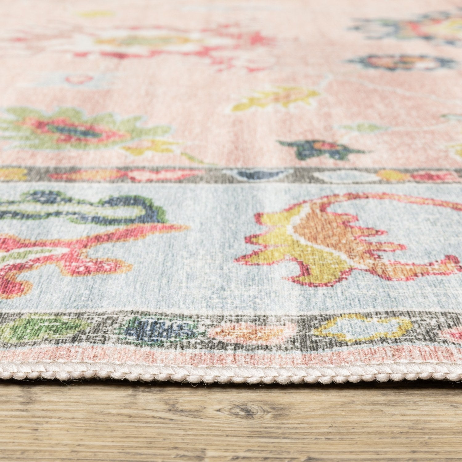 Addison Oushak Floral Pink Blue Machine Washable Rug - Addison ADD01