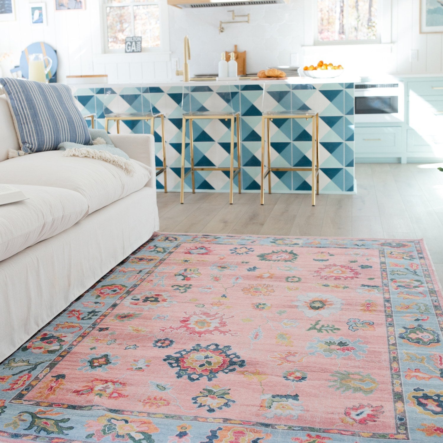 Addison Oushak Floral Pink Blue Machine Washable Rug - Addison ADD01