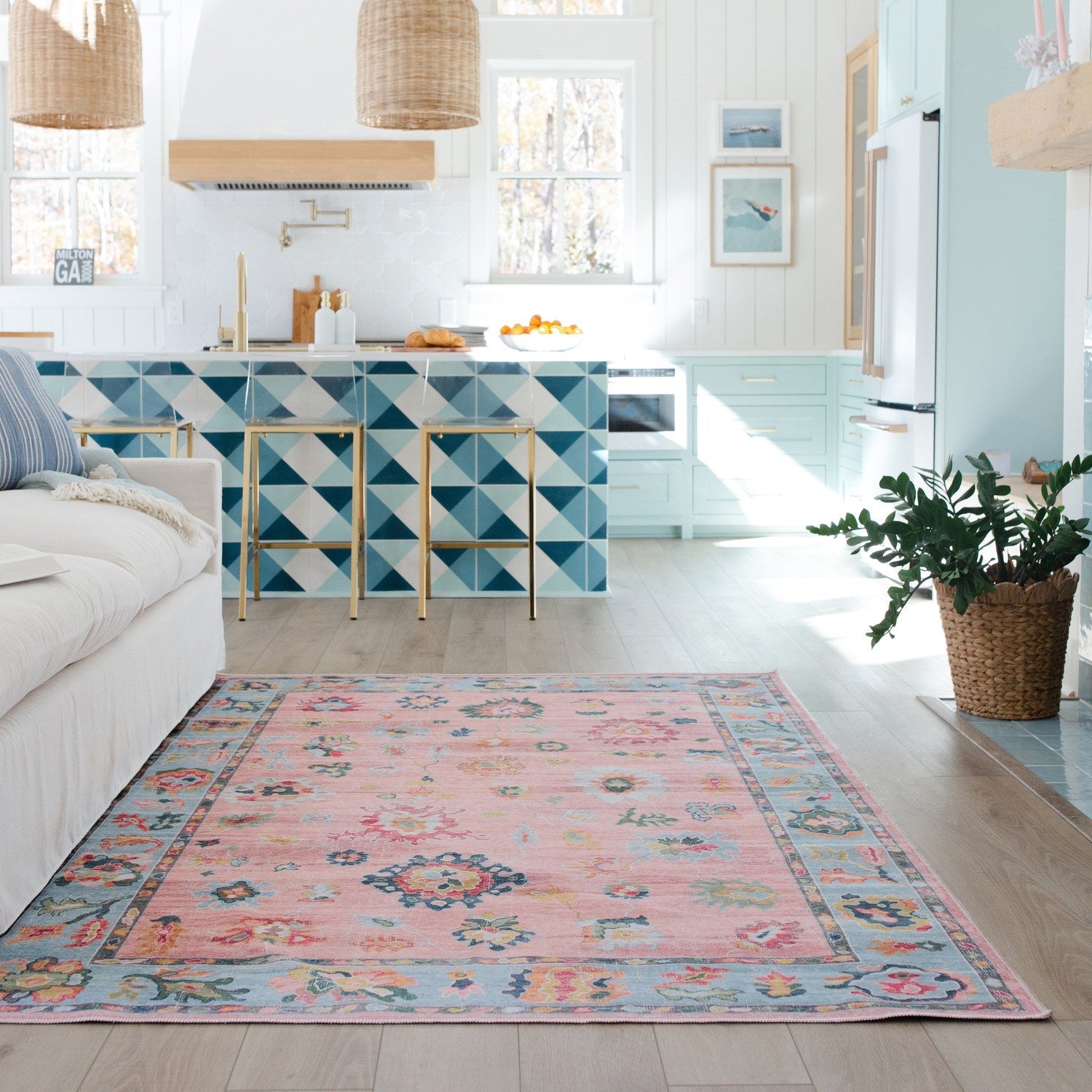 Addison Oushak Floral Pink Blue Machine Washable Rug - Addison ADD01
