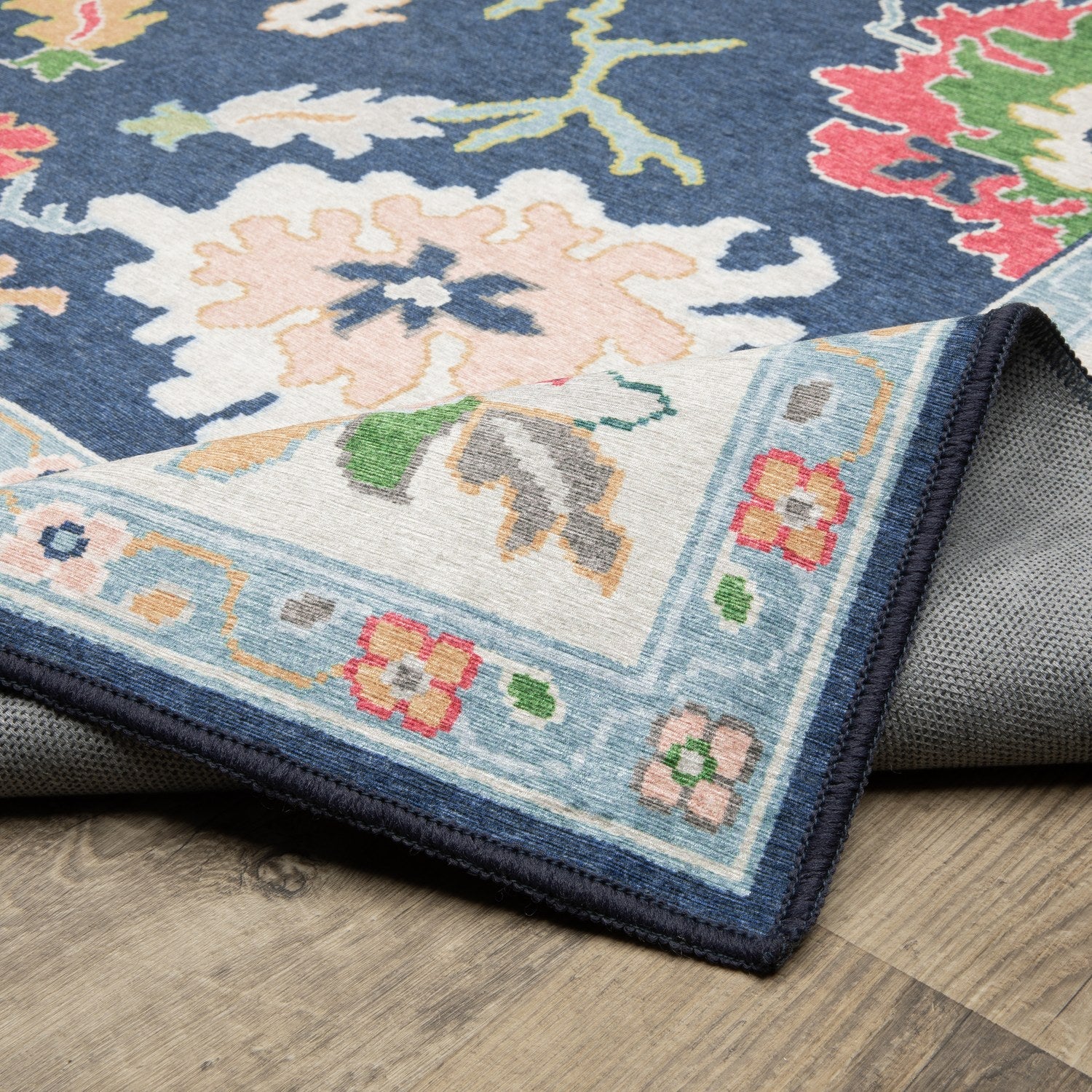 Addison Bold Floral Navy Multi Machine Washable Rug - Addison ADD03
