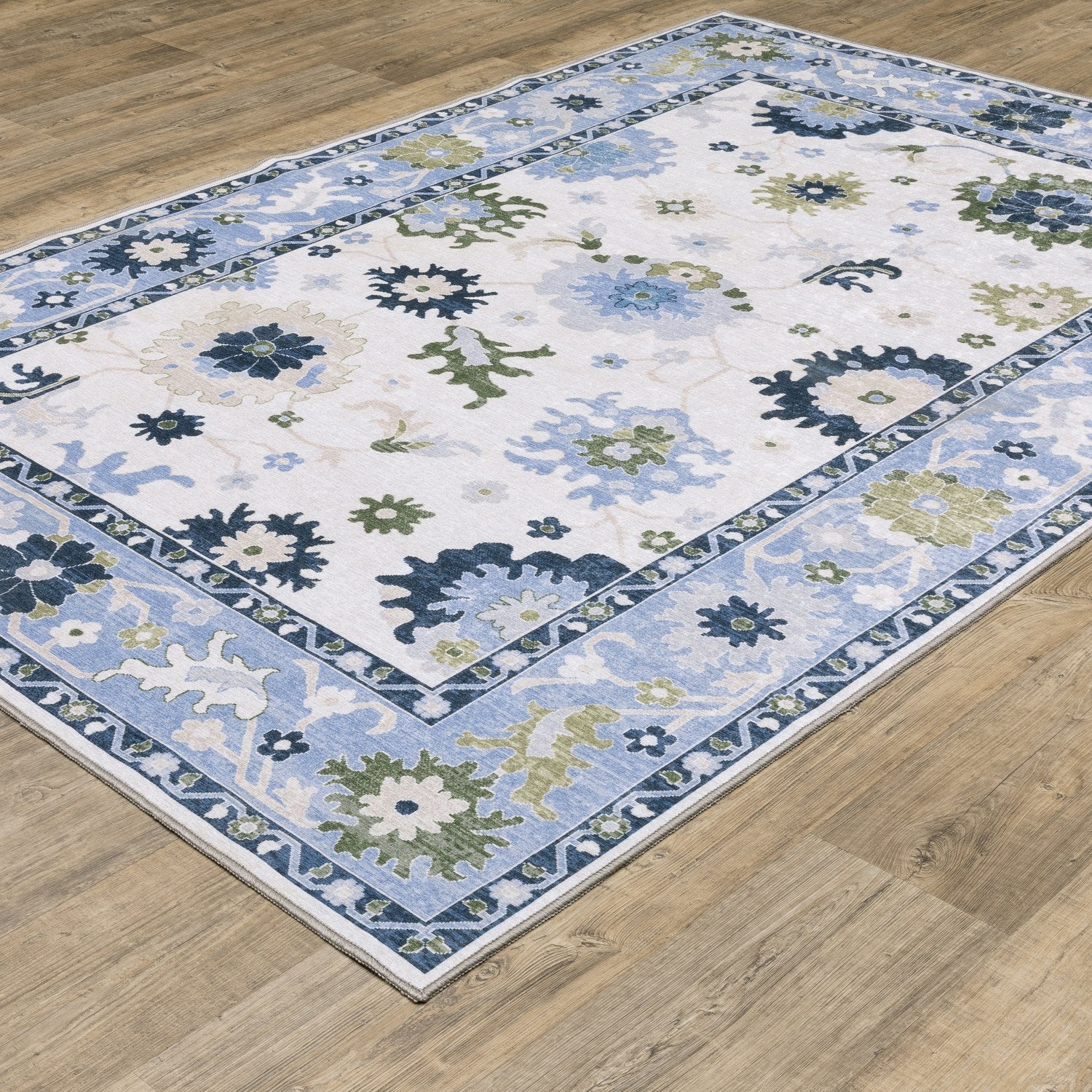 Addison Oushak Floral White Blue Machine Washable Rug - Addison ADD05
