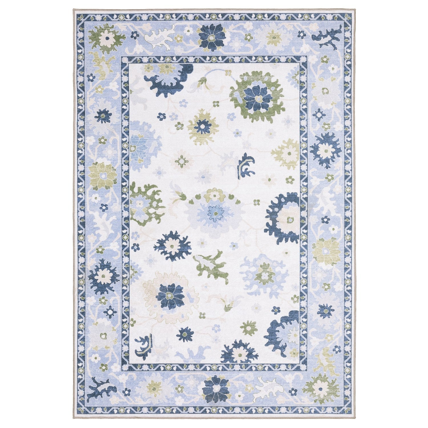 Addison Oushak Floral White Blue Machine Washable Rug - Addison ADD05 #_shape=Rectangle