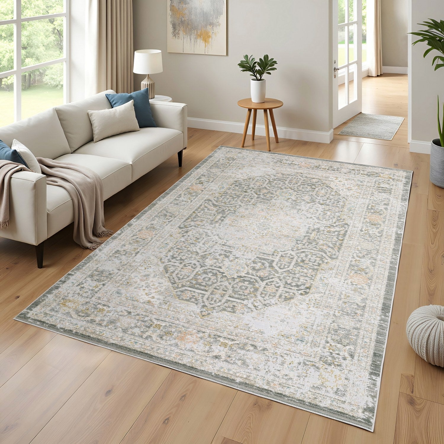 Cavett Faded Medallion Grey Washed Vintage Rug - Cavett CAV02