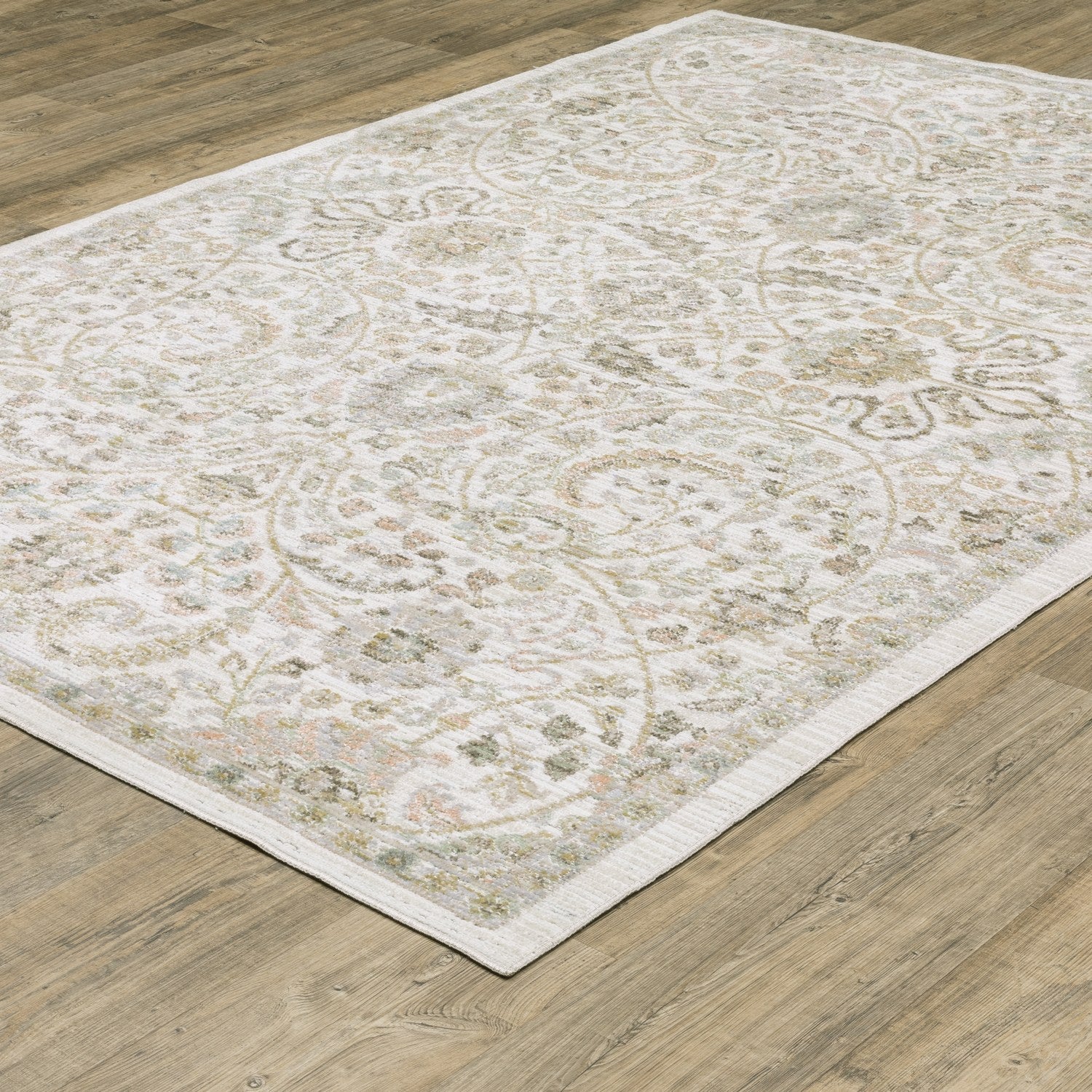 Cavett Floral Damask Ivory Gold Washed Vintage Rug - Cavett CAV05