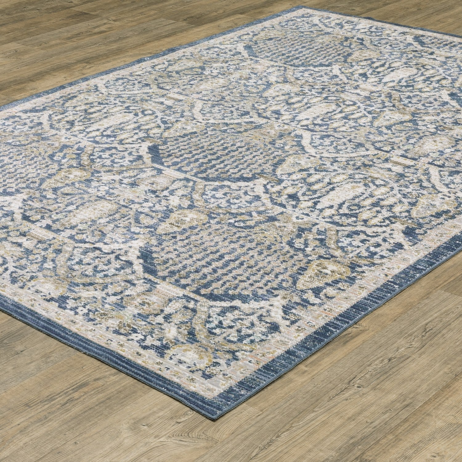Cavett Damask Navy Gold Washed Vintage Rug - Cavett CAV06