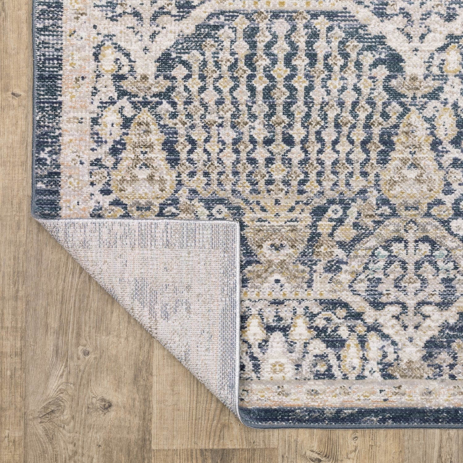 Cavett Damask Navy Gold Washed Vintage Rug - Cavett CAV06