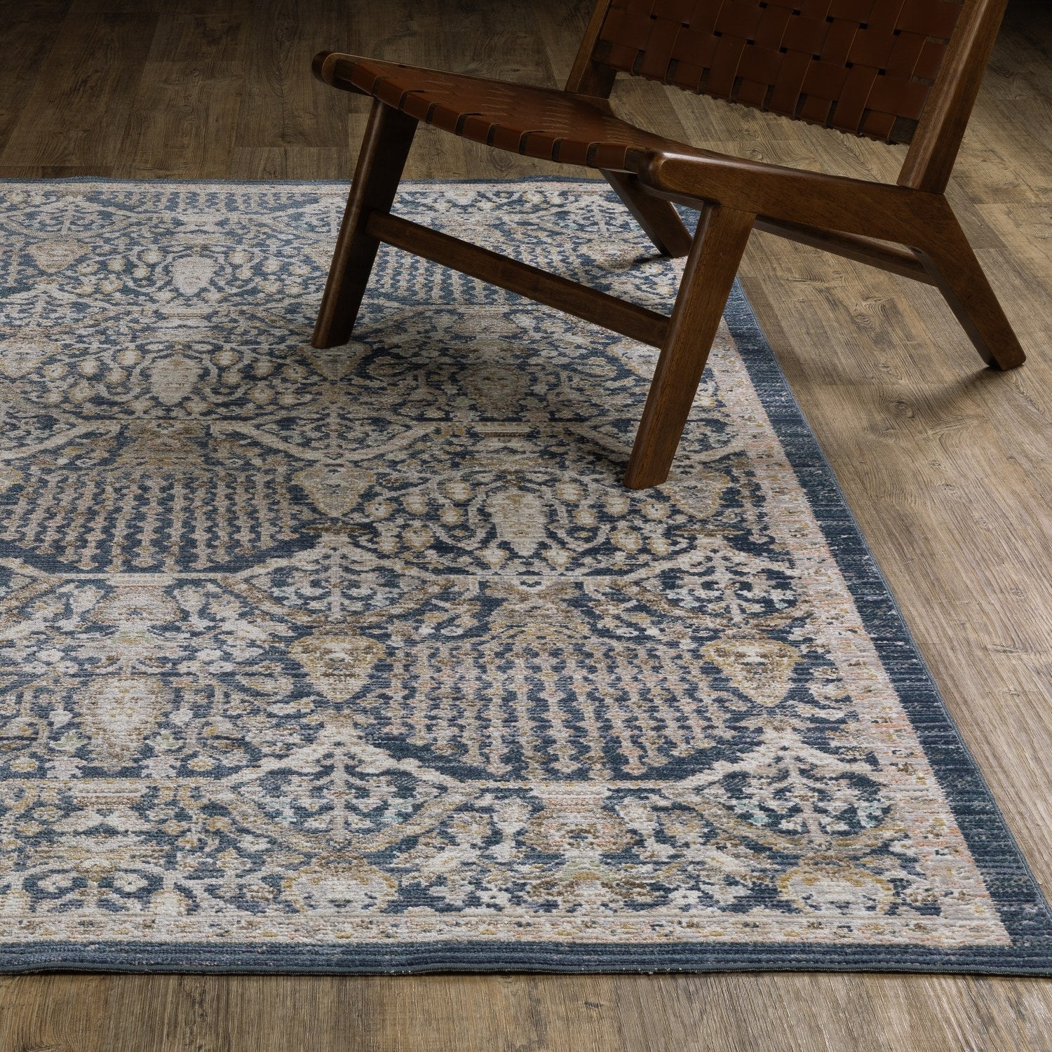 Cavett Damask Navy Gold Washed Vintage Rug - Cavett CAV06