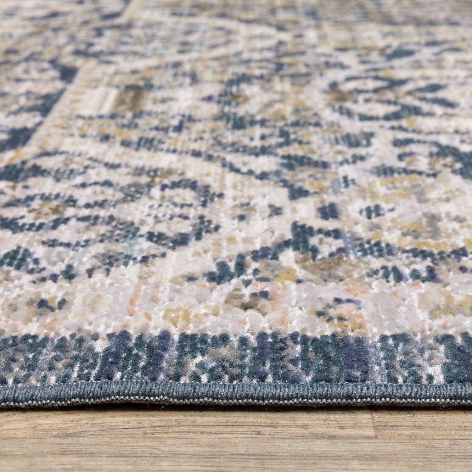 Cavett Damask Navy Gold Washed Vintage Rug - Cavett CAV06