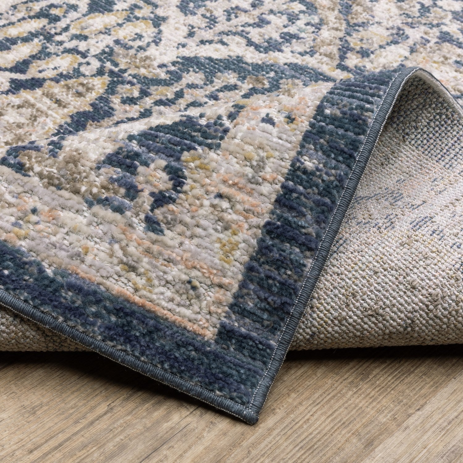 Cavett Damask Navy Gold Washed Vintage Rug - Cavett CAV06