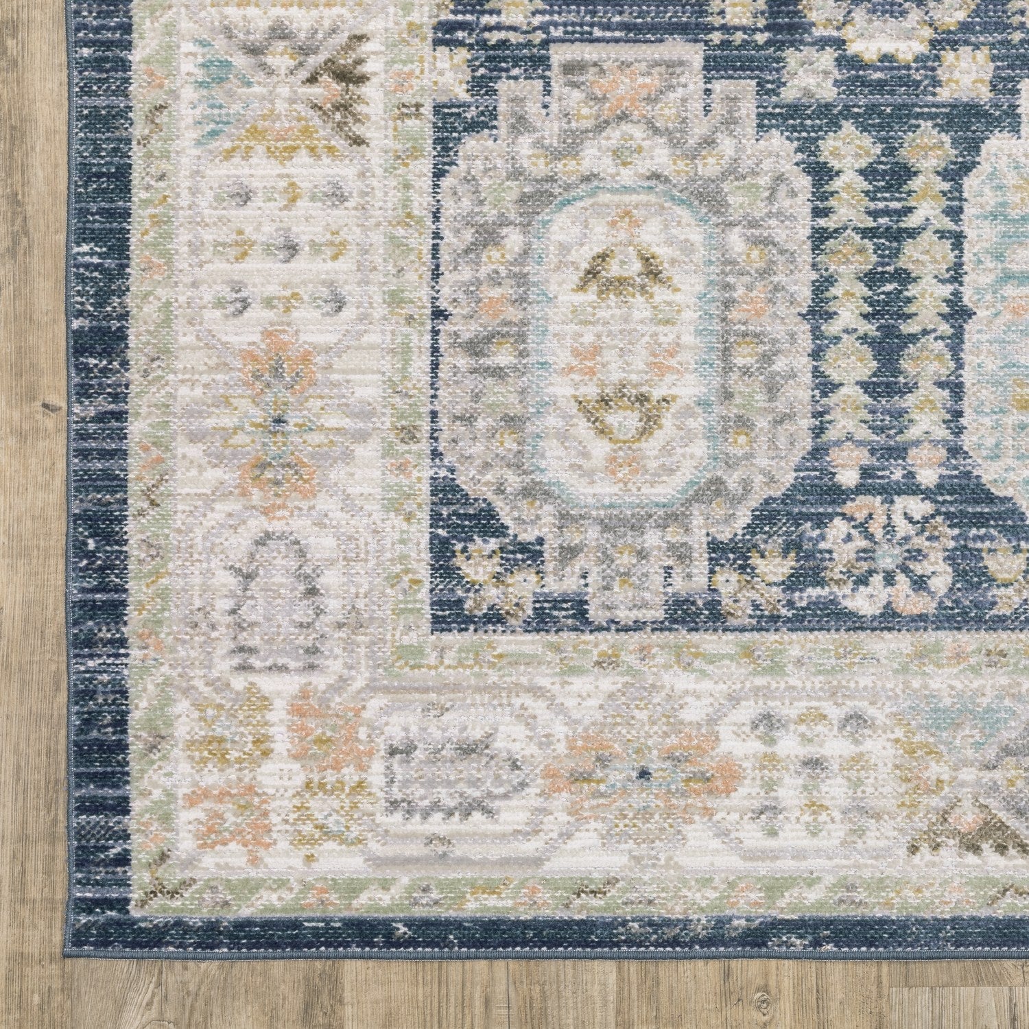 Cavett Panel Medallion Navy Ivory Washed Vintage Rug - Cavett CAV07
