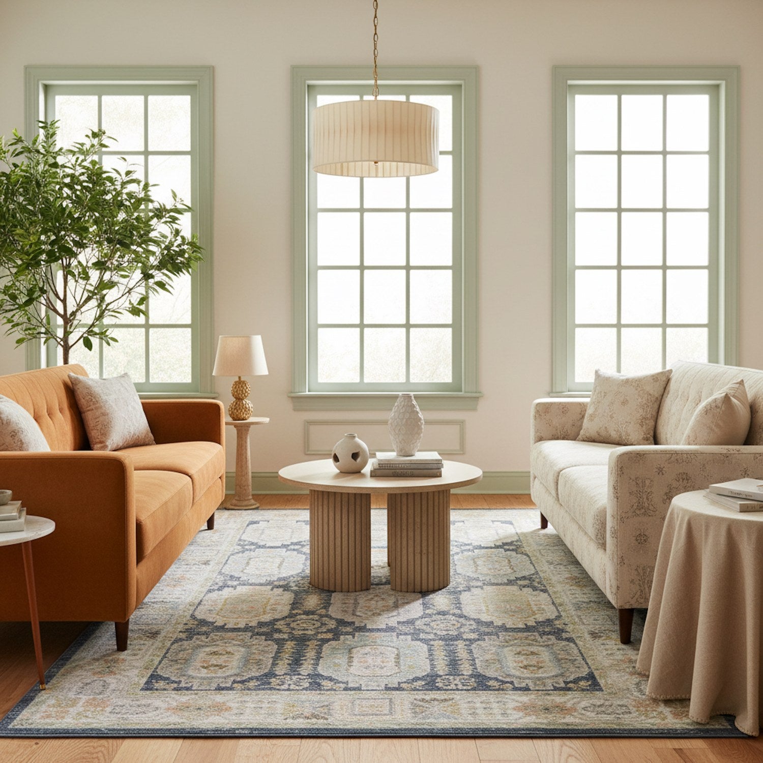 Cavett Panel Medallion Navy Ivory Washed Vintage Rug - Cavett CAV07