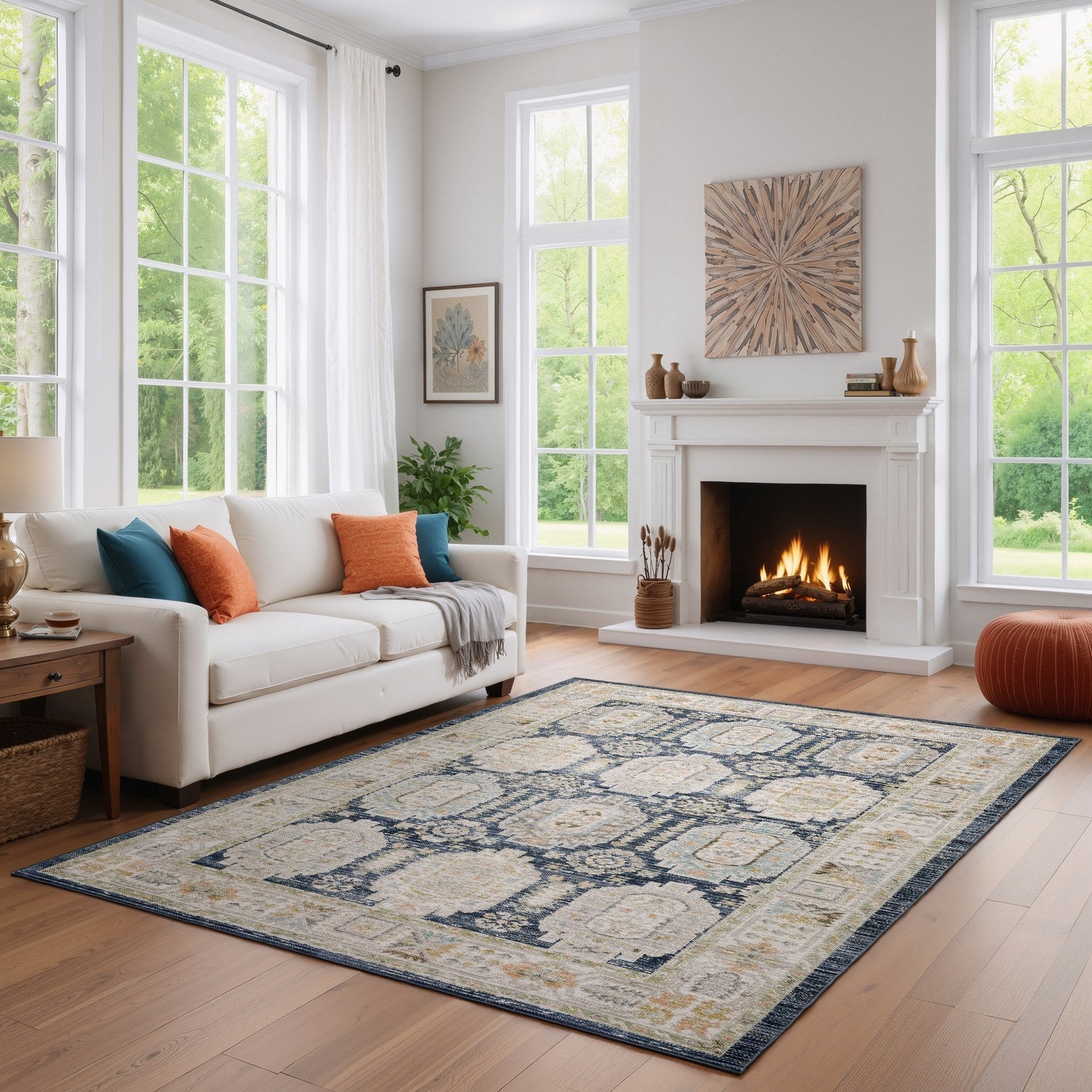 Cavett Panel Medallion Navy Ivory Washed Vintage Rug - Cavett CAV07