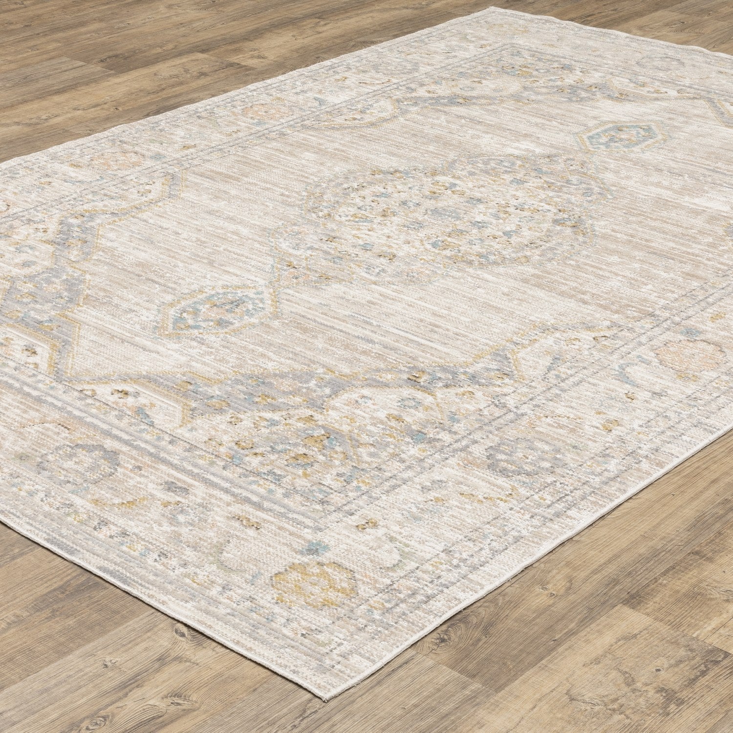 Cavett Faded Medallion Beige Blue Washed Vintage Rug - Cavett CAV11