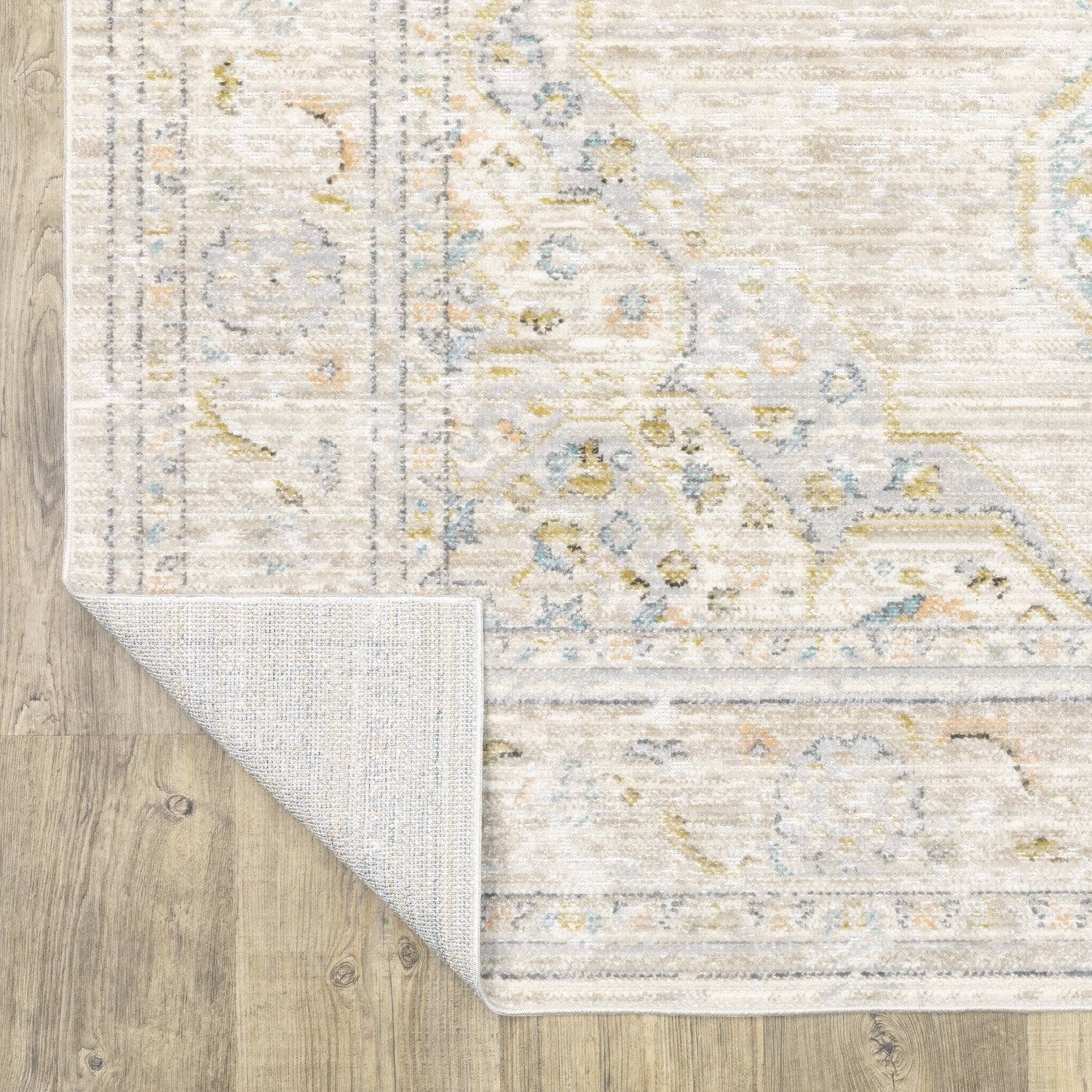 Cavett Faded Medallion Beige Blue Washed Vintage Rug - Cavett CAV11