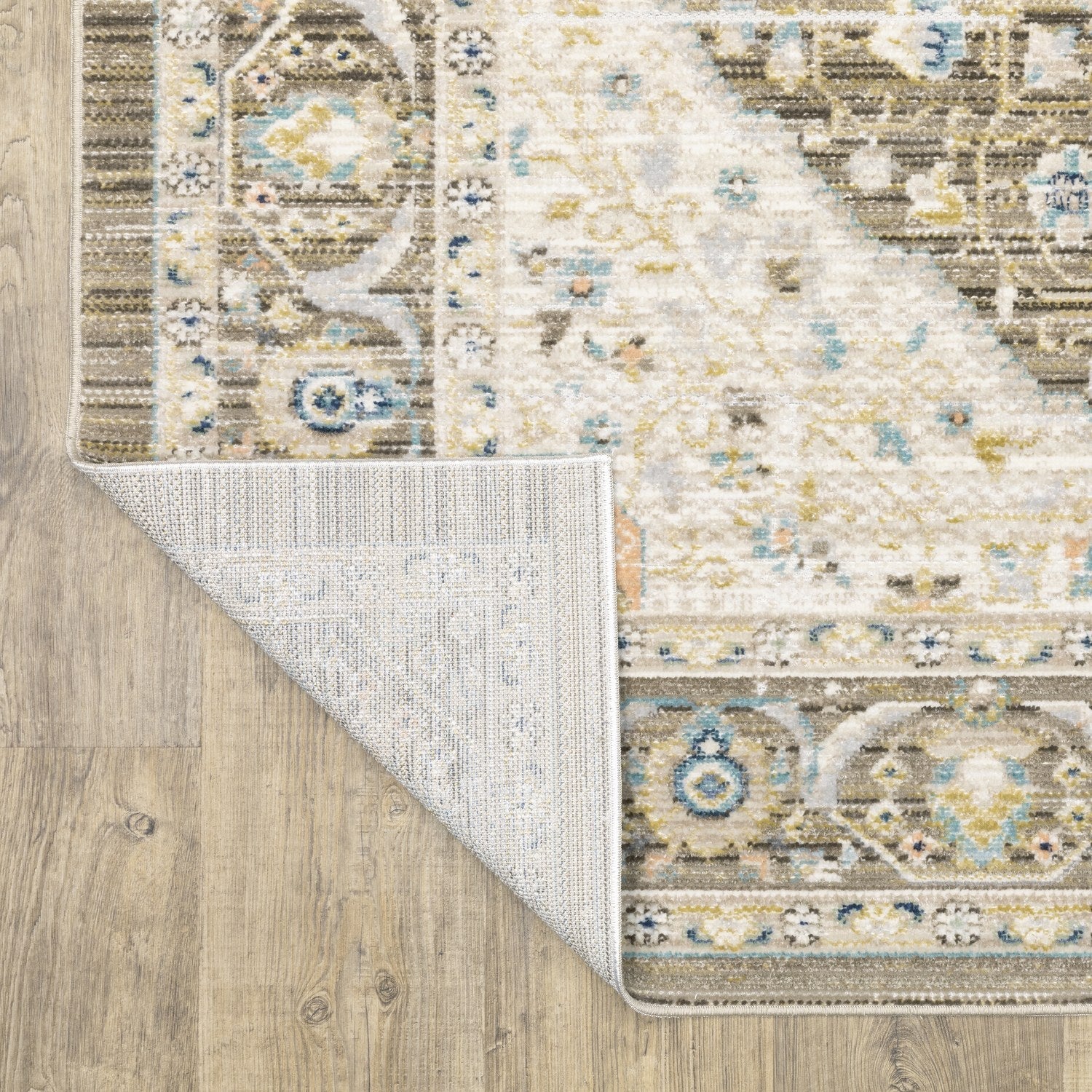 Cavett Bordered Medallion Brown Blue Washed Vintage Rug - Cavett CAV12