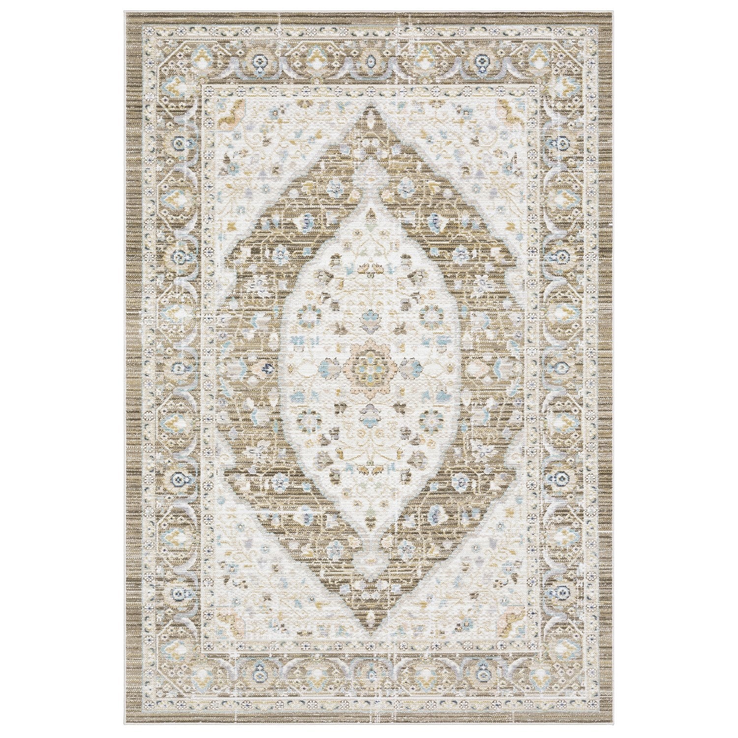 Cavett Bordered Medallion Brown Blue Washed Vintage Rug - Cavett CAV12 #_shape=Rectangle #_shape=Runner