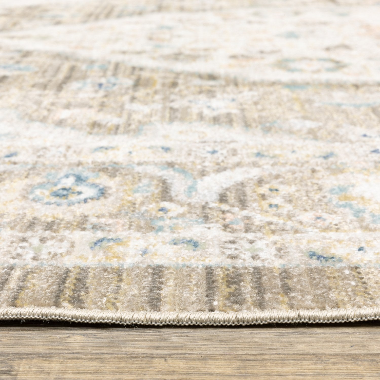 Cavett Bordered Medallion Brown Blue Washed Vintage Rug - Cavett CAV12