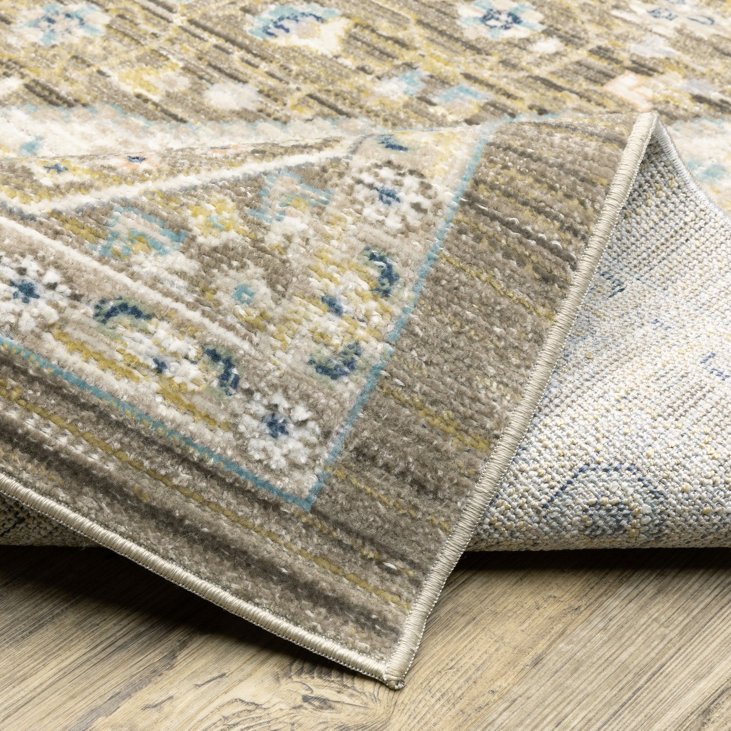 Cavett Bordered Medallion Brown Blue Washed Vintage Rug - Cavett CAV12