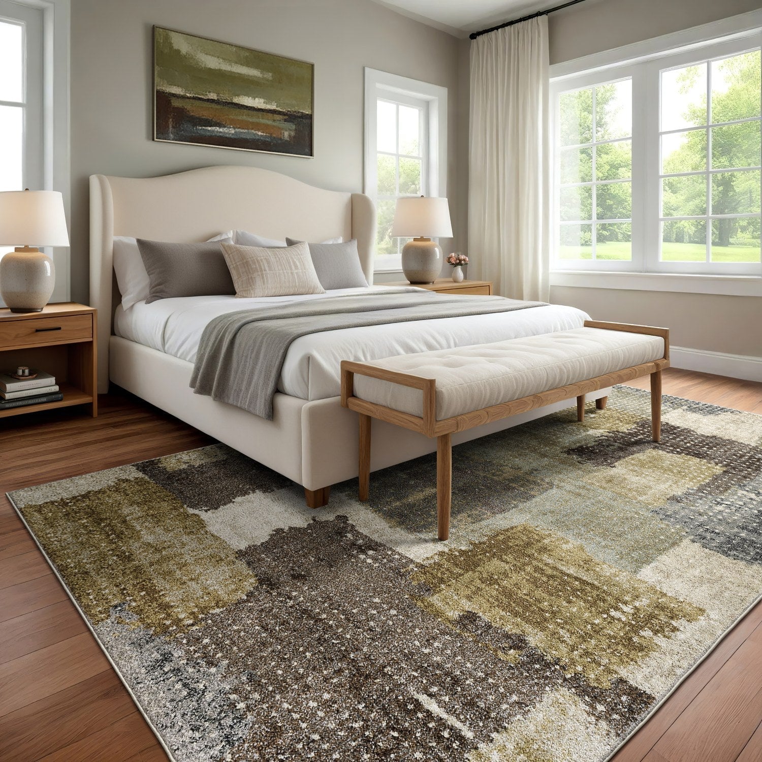 Gemma Patchwork Abstract Green Brown High Pile Rug - Gemma GEM01