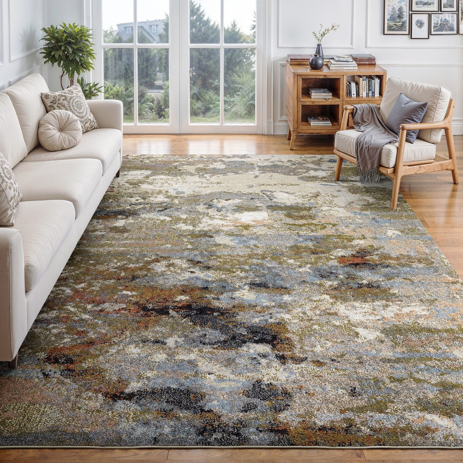 Gemma Painterly Abstract Olive Blue High Pile Rug - Gemma GEM07