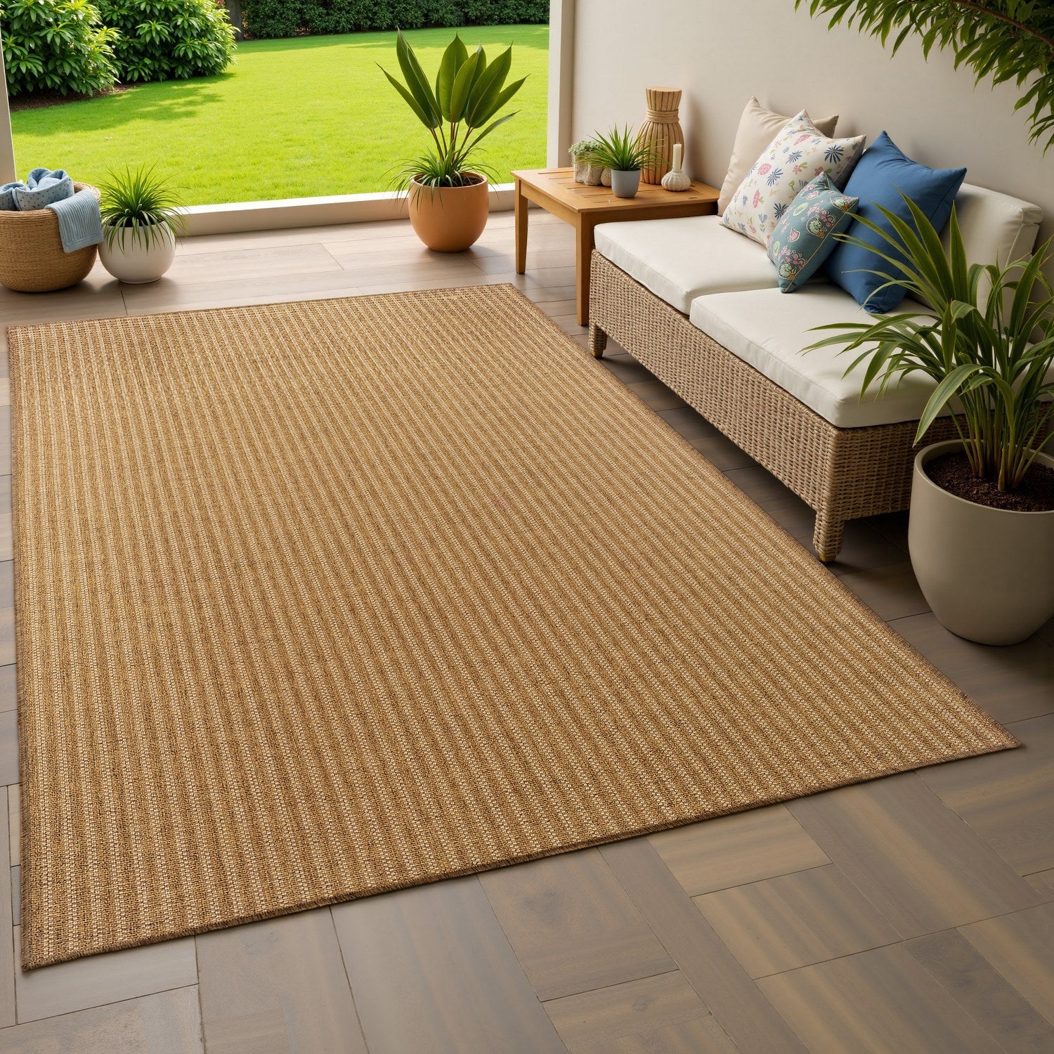 Karavia Pinstripe Terracotta Seagrass Look Indoor Outdoor Rug - Karavia 550X3