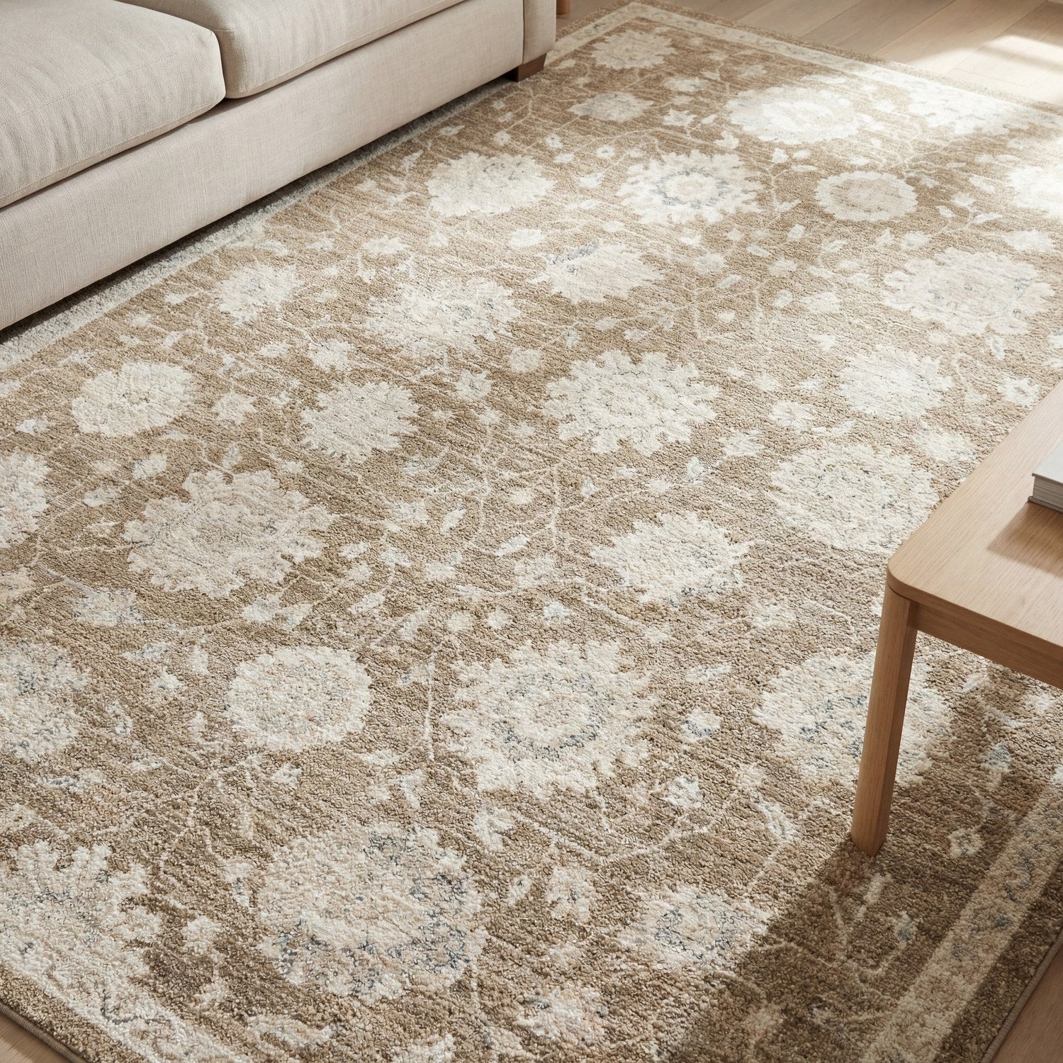Lauren Floral Vine Light Brown High-Low Distressed Rug - Lauren LRN10