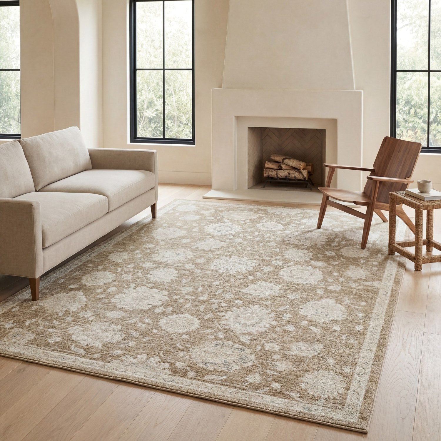Lauren Floral Vine Light Brown High-Low Distressed Rug - Lauren LRN10