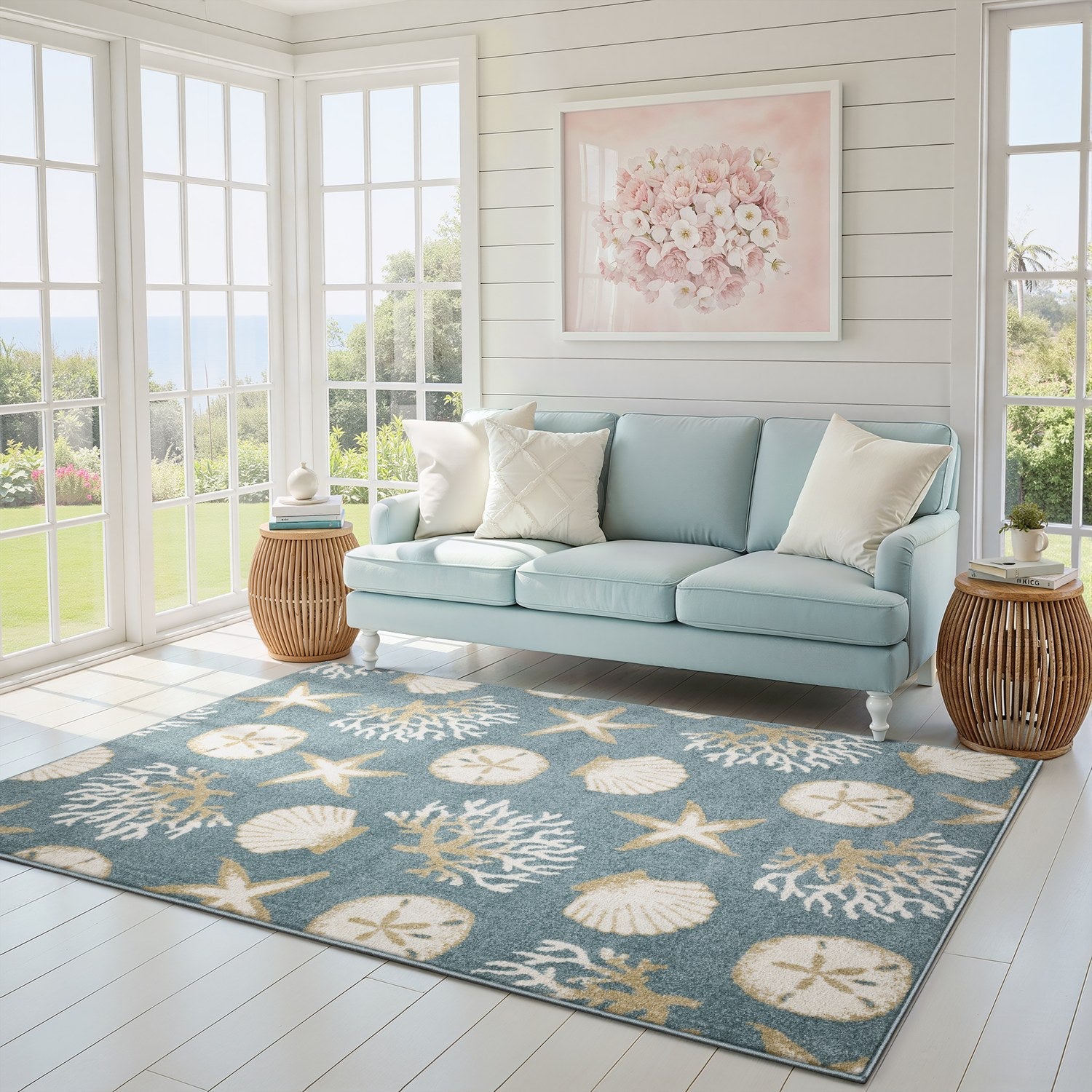 Quinn Seashell Blue Beige Textured Frieze Rug - Quinn QUI01