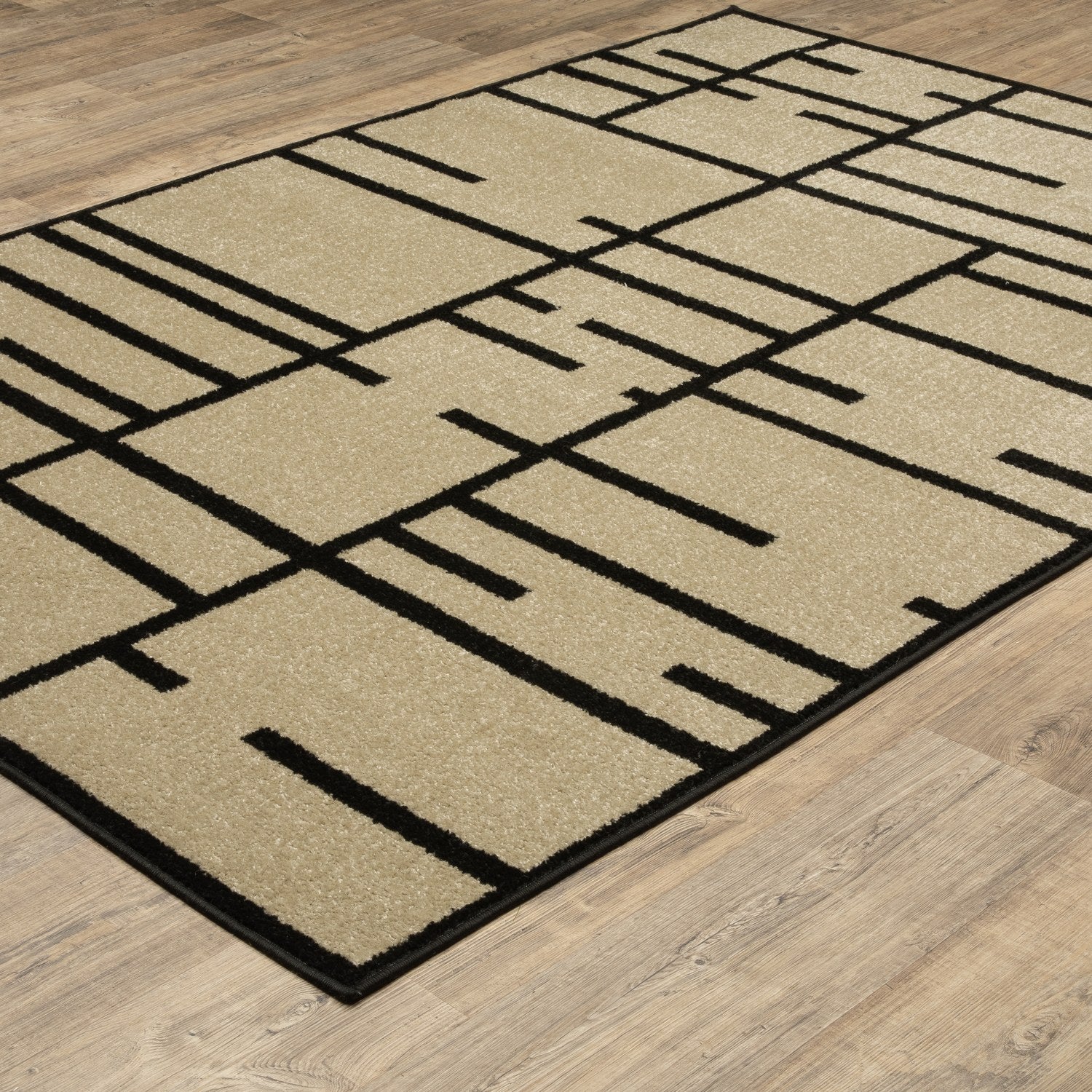Quinn Grid Lines Beige Black Textured Frieze Rug - Quinn QUI03