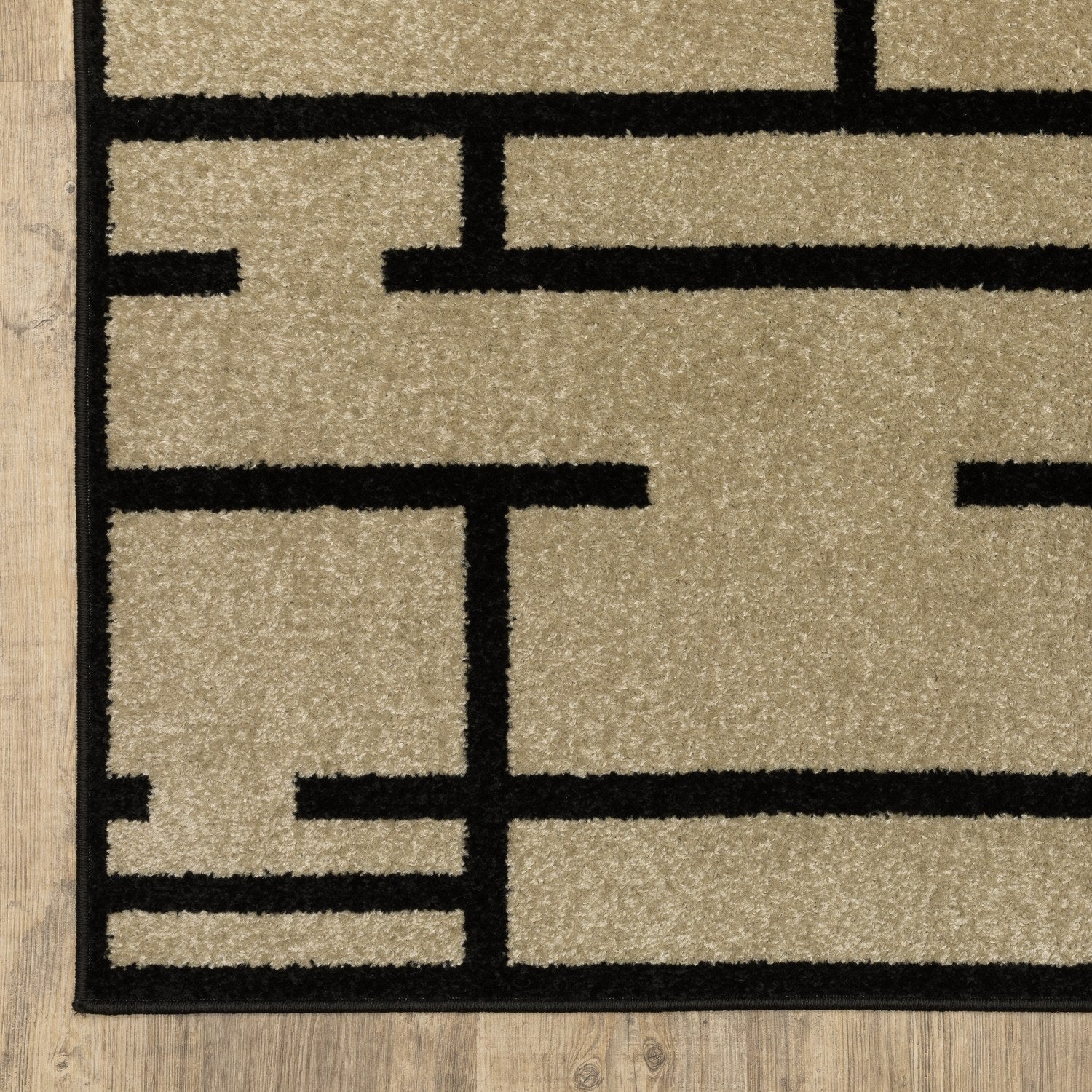 Quinn Grid Lines Beige Black Textured Frieze Rug - Quinn QUI03