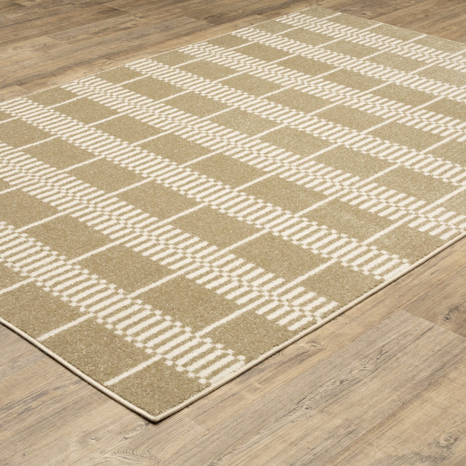 Quinn Block Grid Beige Ivory Textured Frieze Rug - Quinn QUI05