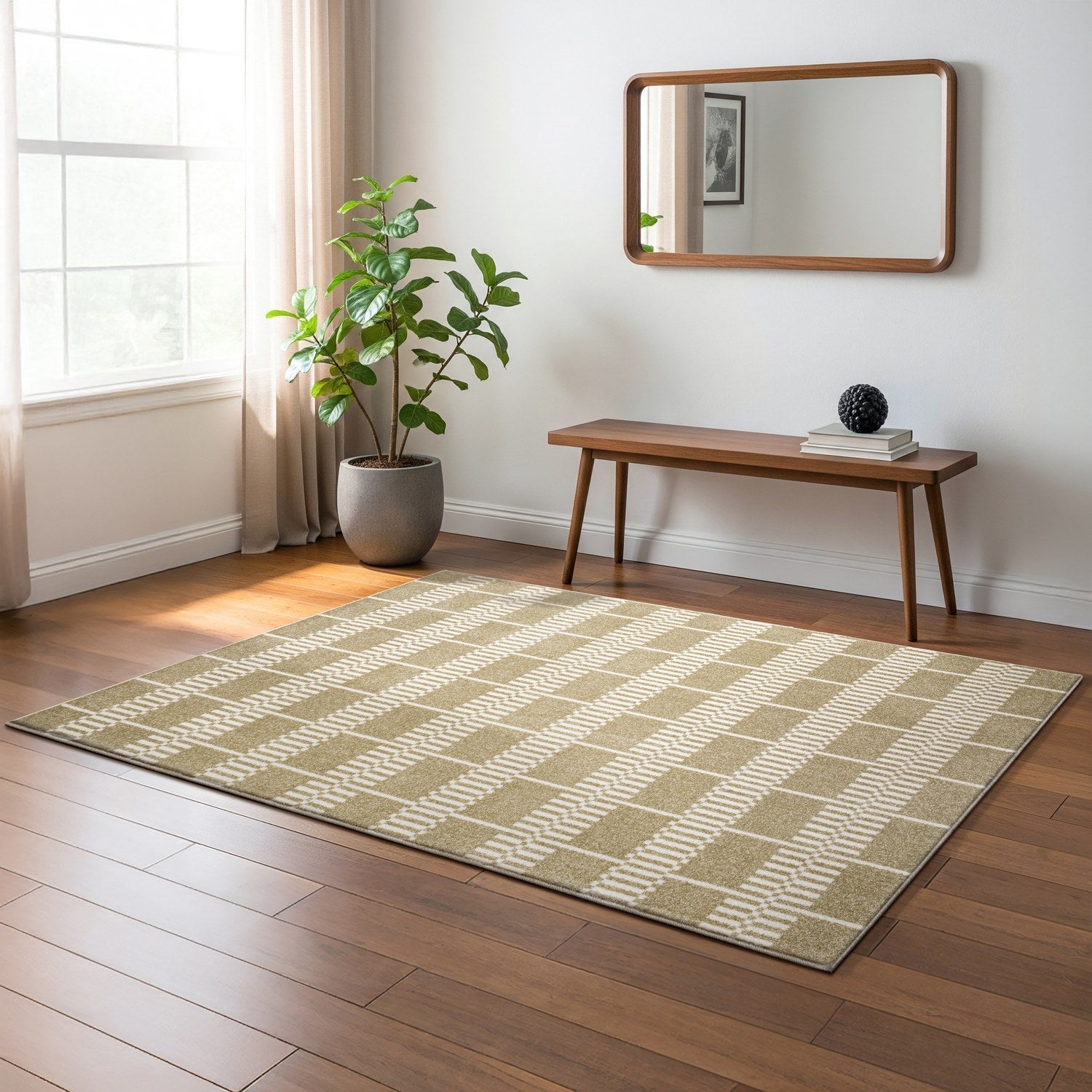 Quinn Block Grid Beige Ivory Textured Frieze Rug - Quinn QUI05