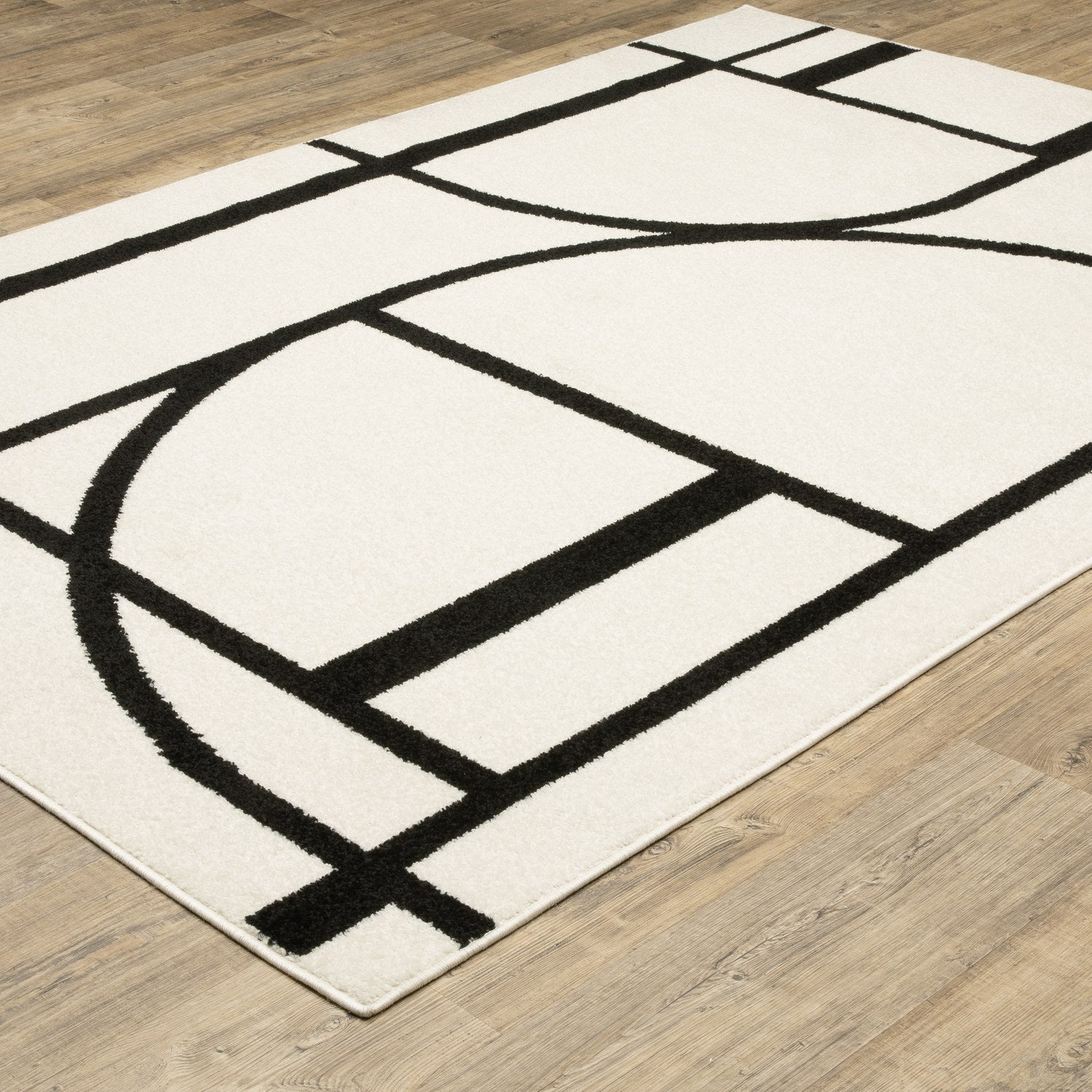 Quinn Arc Lines Ivory Black Textured Frieze Rug - Quinn QUI06