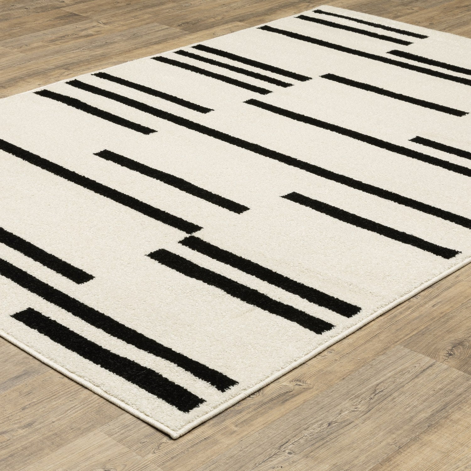 Quinn Broken Stripe Beige Black Textured Frieze Rug - Quinn QUI10