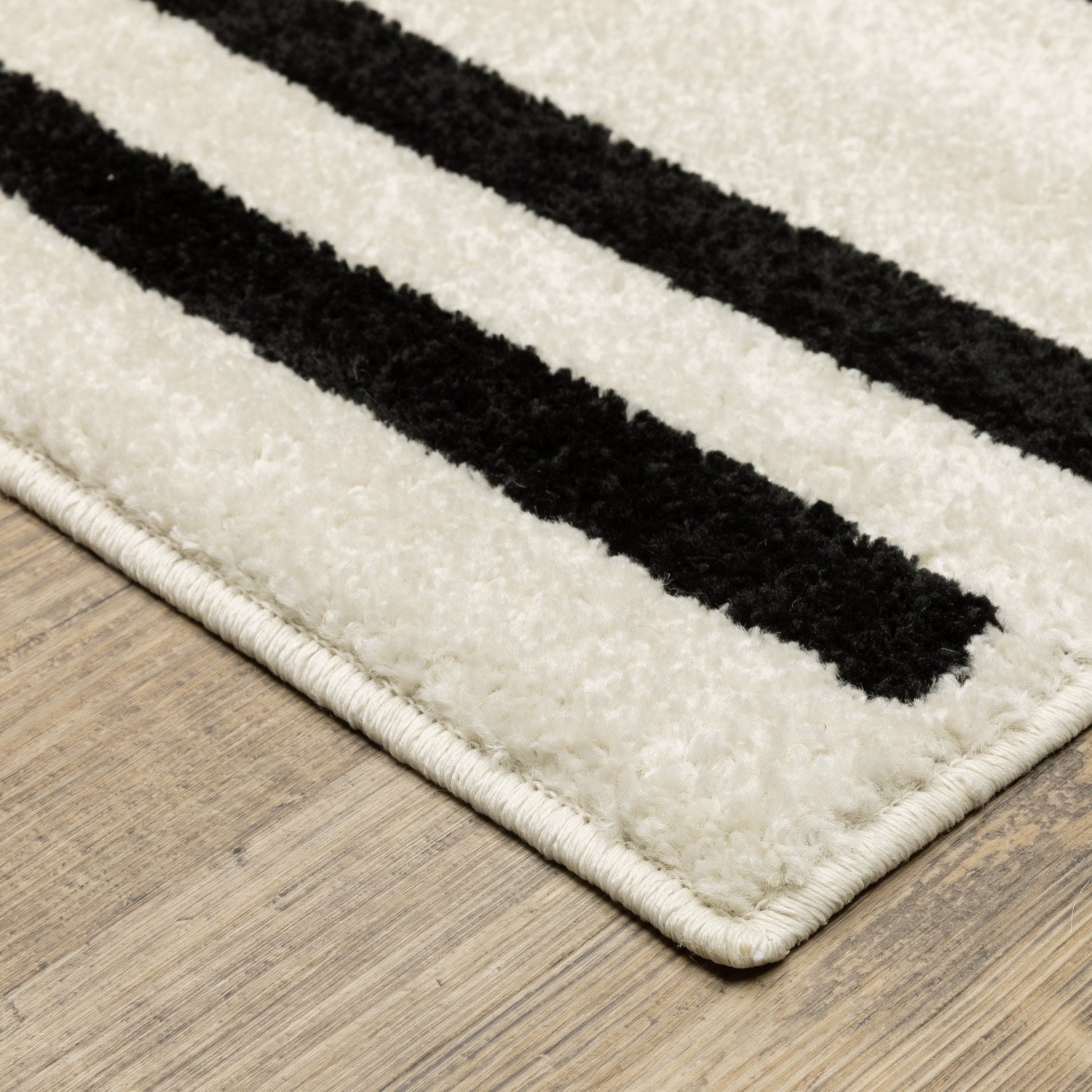 Quinn Broken Stripe Beige Black Textured Frieze Rug - Quinn QUI10