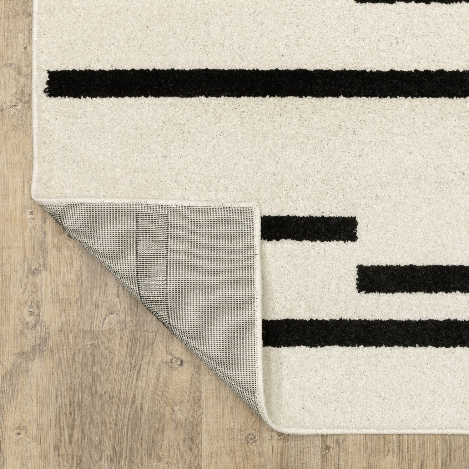 Quinn Broken Stripe Beige Black Textured Frieze Rug - Quinn QUI10