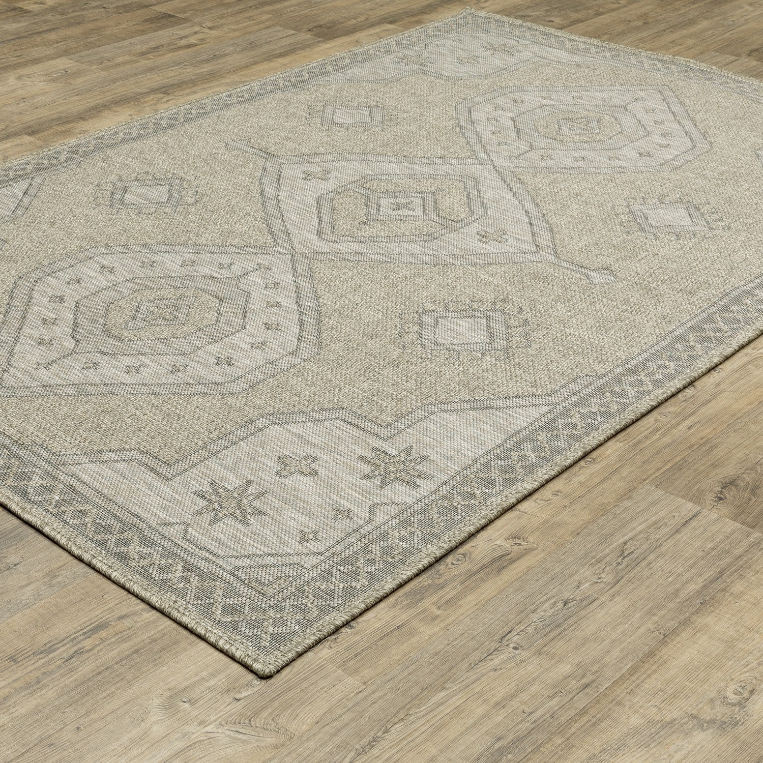 Tortuga Tribal Medallion Beige Wool Look Indoor Outdoor Rug - Tortuga TR08A