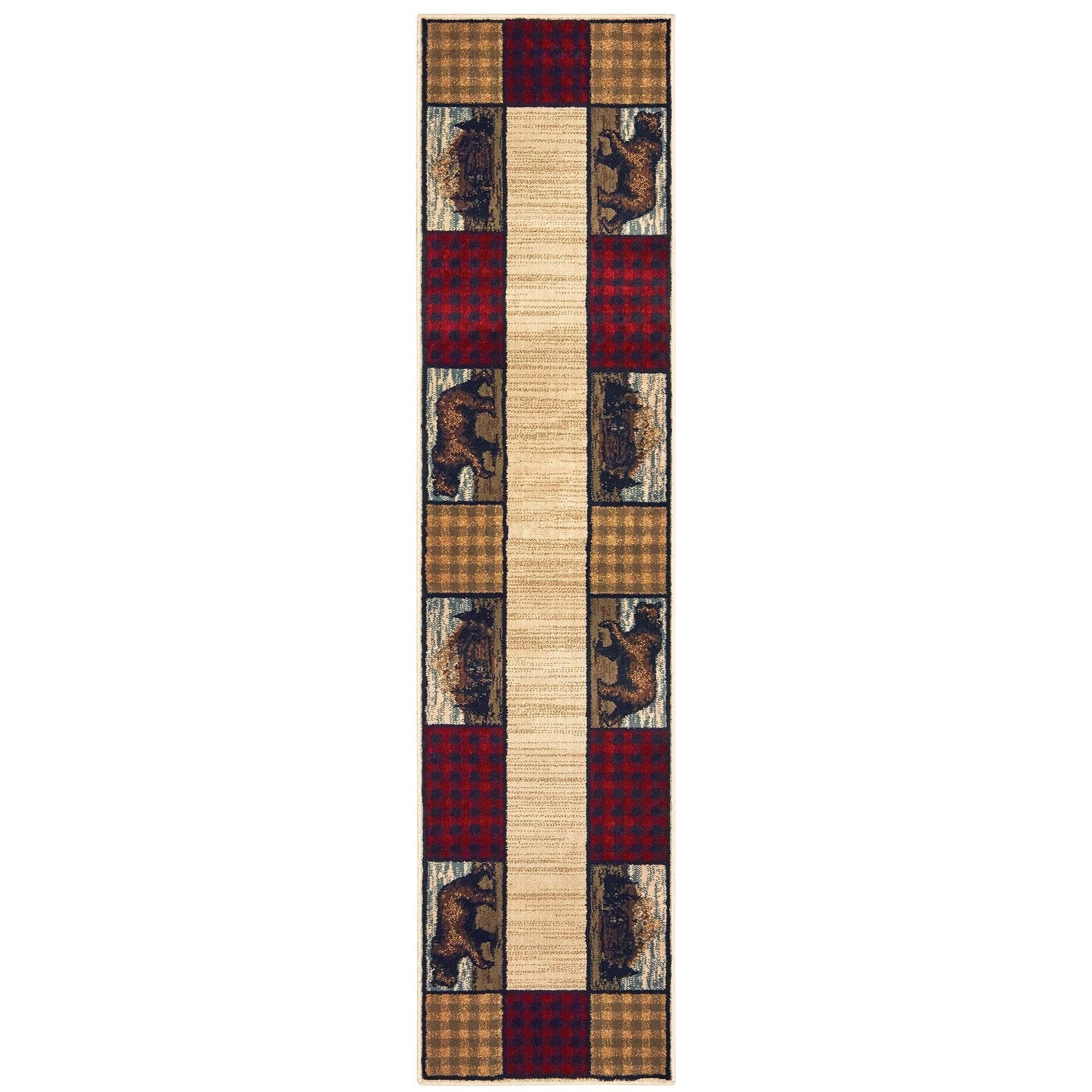 Woodlands Plaid Bear Border Ivory Multi Cabin Lodge Rug - Woodlands 9603C #_shape=Runner